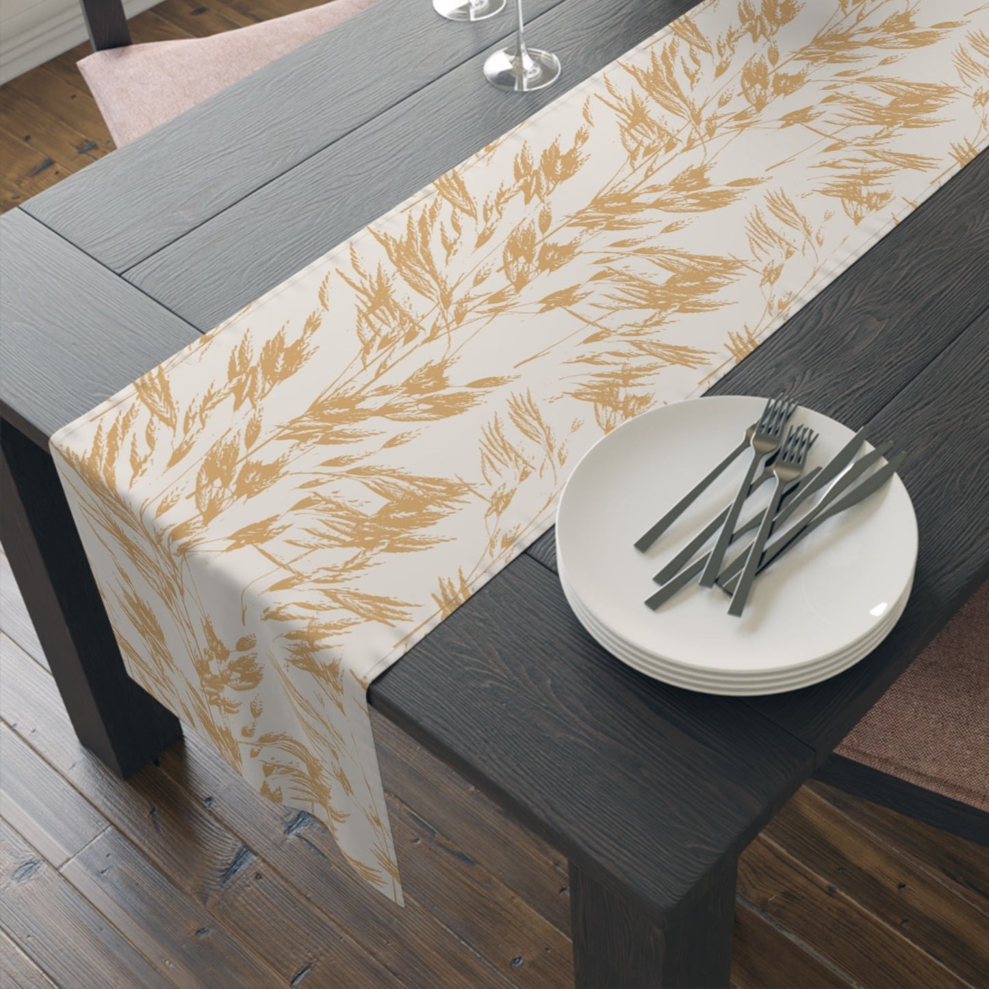 Oat Grass Fall Table Runner in golden tones styled on dark wood table with simple fall place setting
