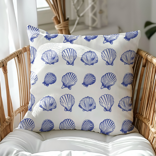 Blue seashell pillow on rattan chair by window with soft white curtains – coastal accent for airy, nature-inspired interiors.