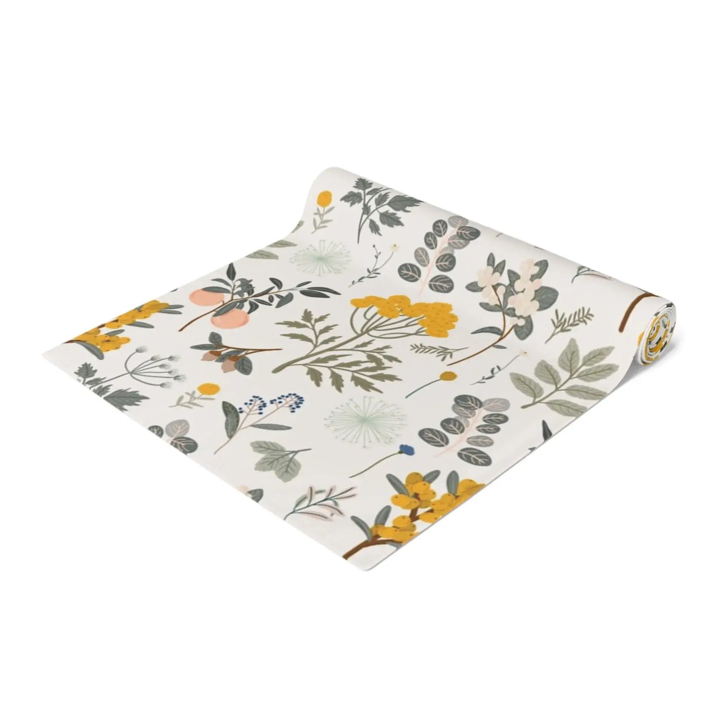 Autumn Botanical TABLE RUNNER featuring yellow florals and soft greenery on a white background, ideal for seasonal decor.
