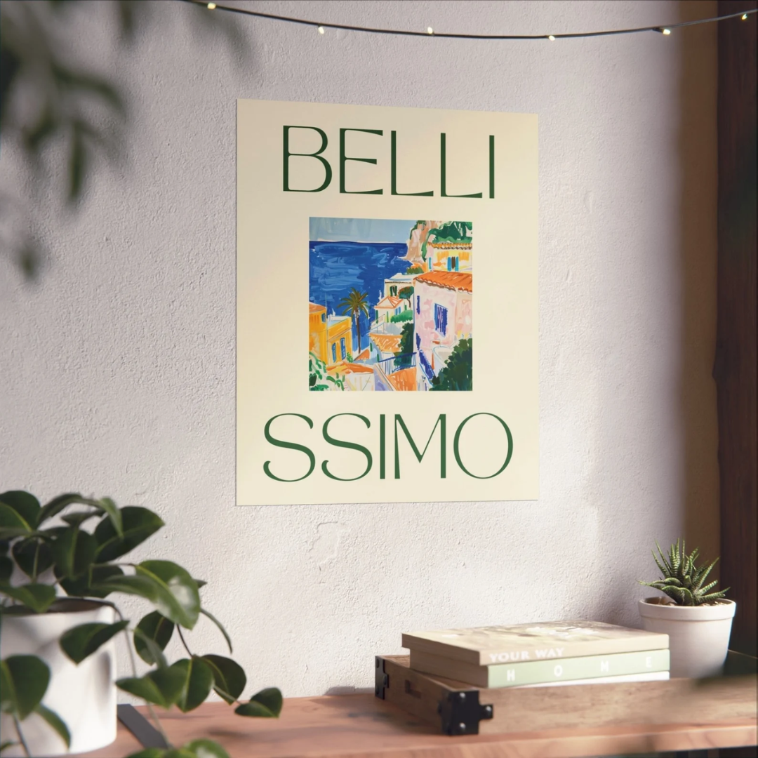 Bellissimo poster sticks on cement wall