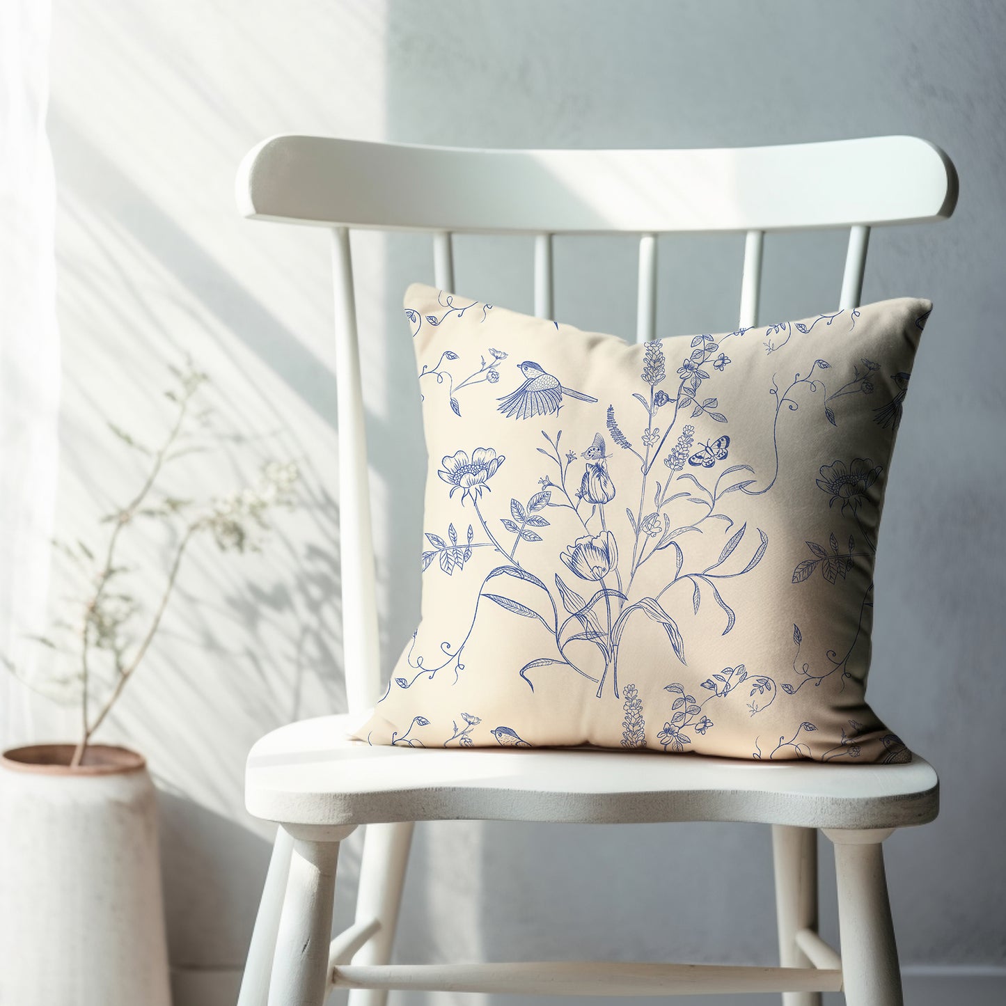 Blue Chinoiserie Botanical throw PILLOW from Blue Water Songs on white chair in sunny living room