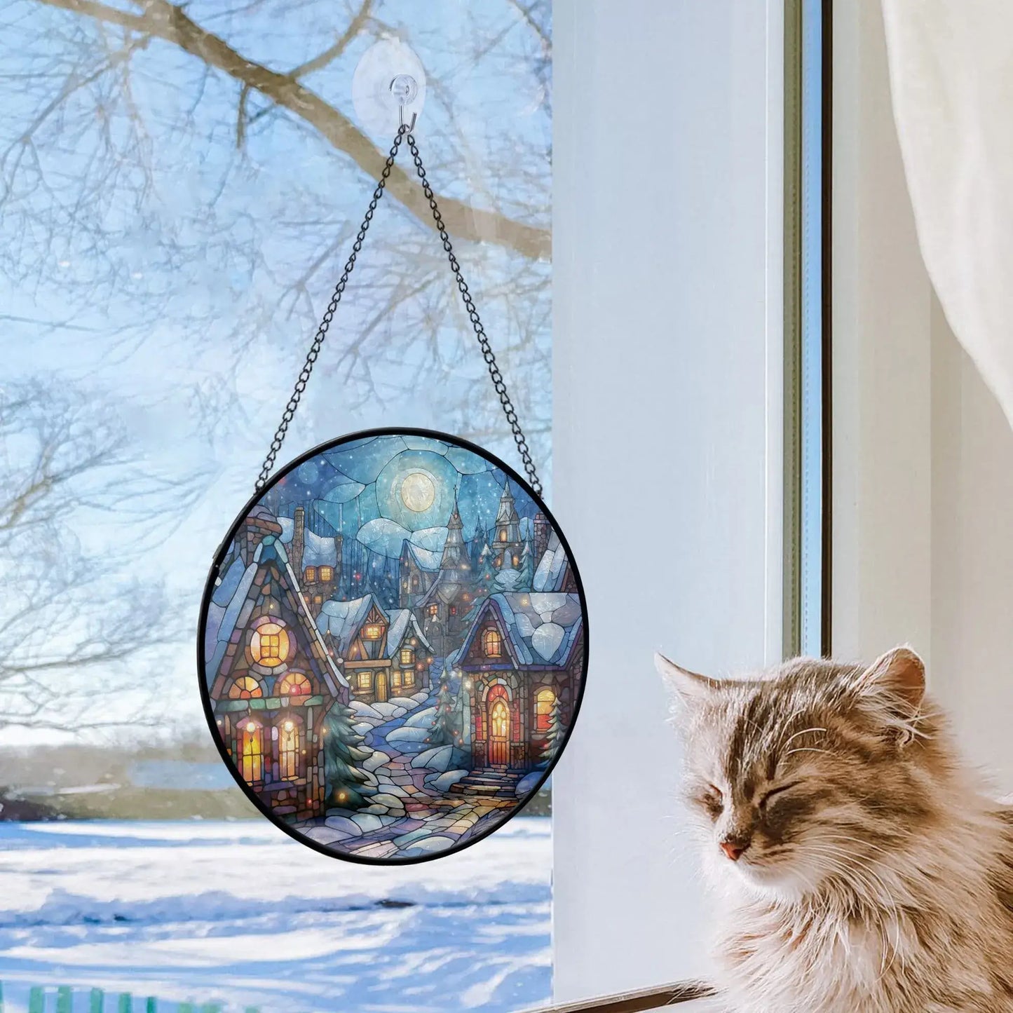 Winter Village Stained Glass Ornament hanging in a window, with a cozy cat and snowy landscape.