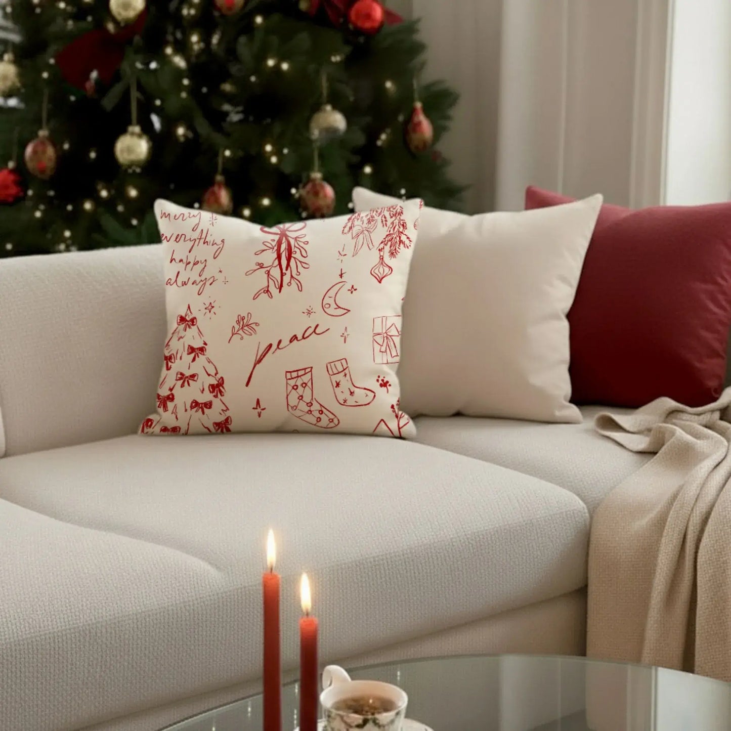 Hand-Drawn Christmas Pillow featuring red line art design on a cozy sofa with candles and Christmas tree decorations.