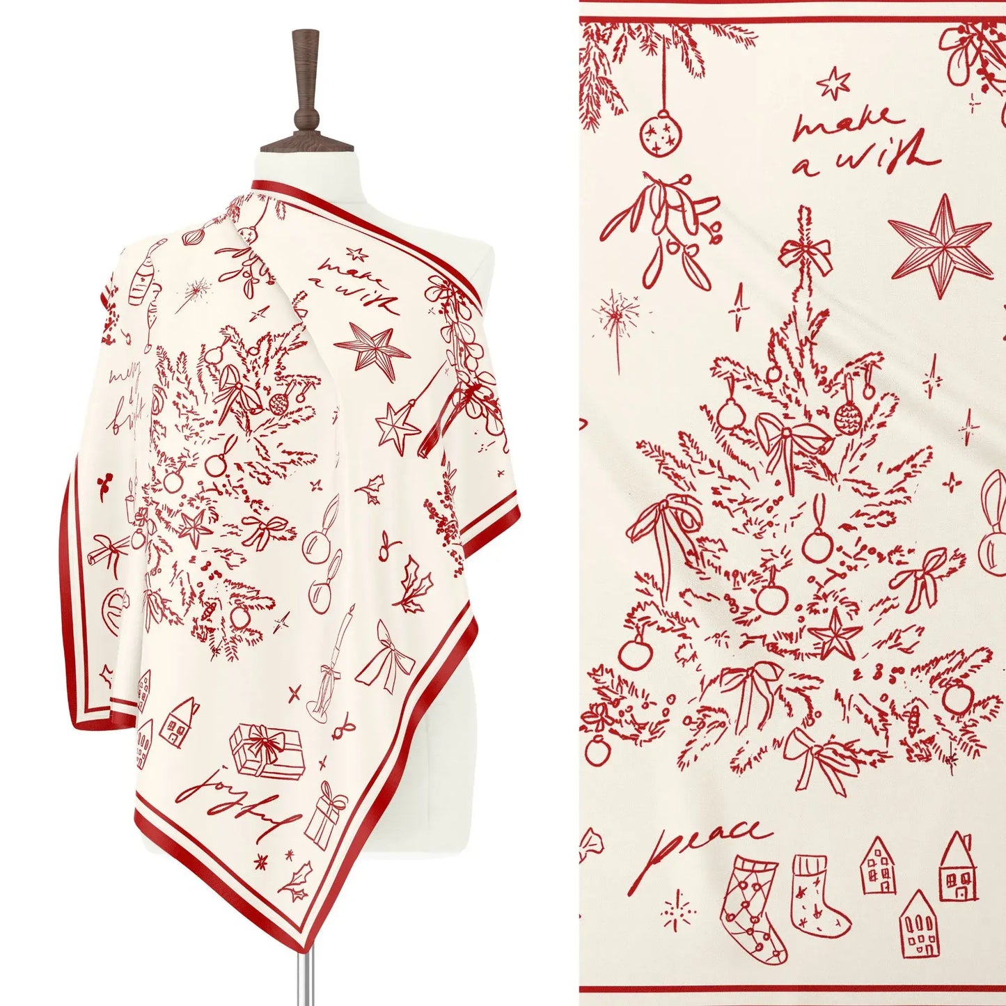 Christmas Silk Scarf “Make a Wish” in red line art displayed on mannequin with close-up of festive hand-drawn Christmas tree design