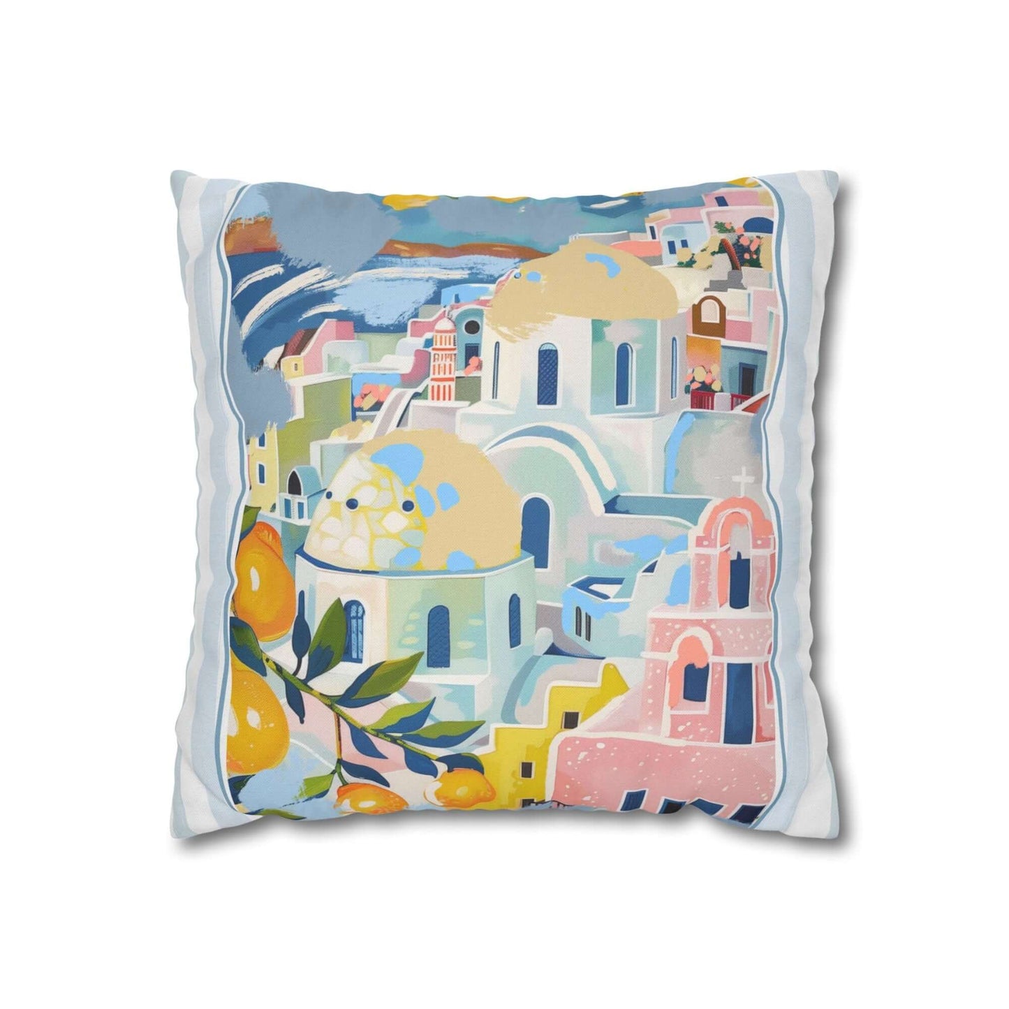 Close-up of watercolor Mediterranean village pillow cover — ocean-inspired summer home styling