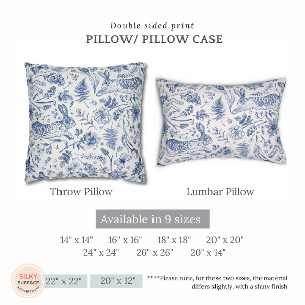size descriptions of Bunny and spring floral BLUE PILLOW from Blue Water Songs