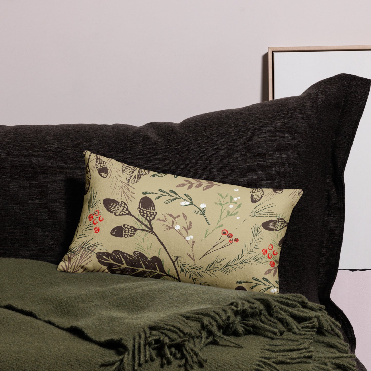 Winter Botanical lumbar Pillow from Blue Water Songs placing on green wool blanket