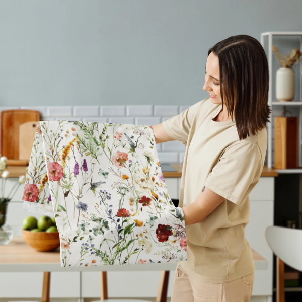 woman holding Watercolor Boho Wildflowers TABLE RUNNER from Blue Water Songs