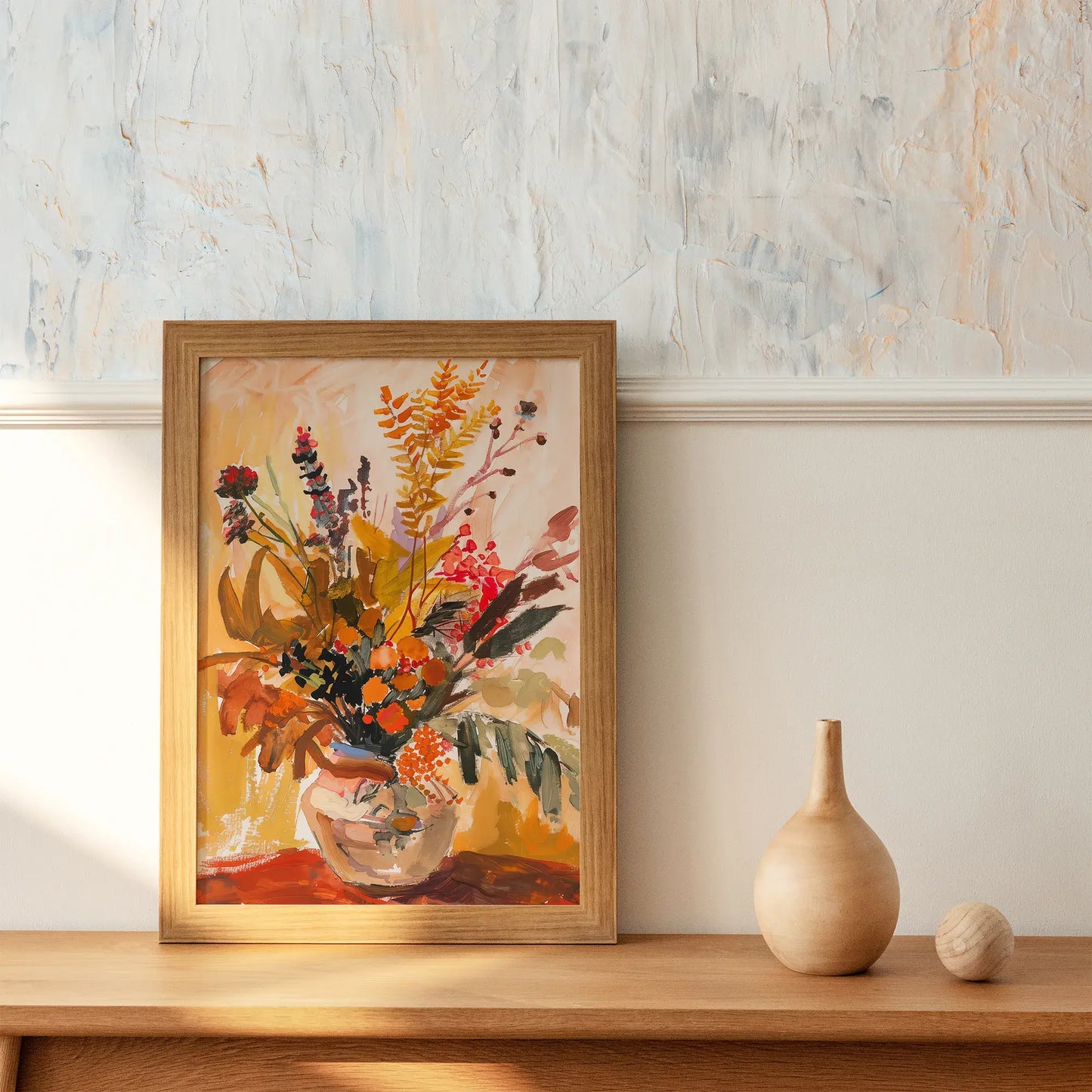 Autumn Wall Art vase poster framed on wooden console with minimalist fall decor