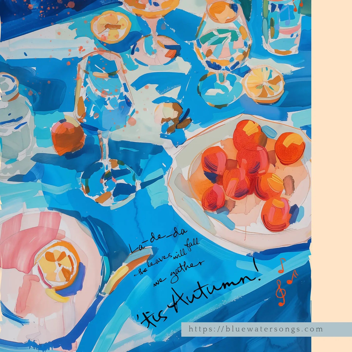 Vibrant Autumn Wall Art – close-up of blue and orange fruit design