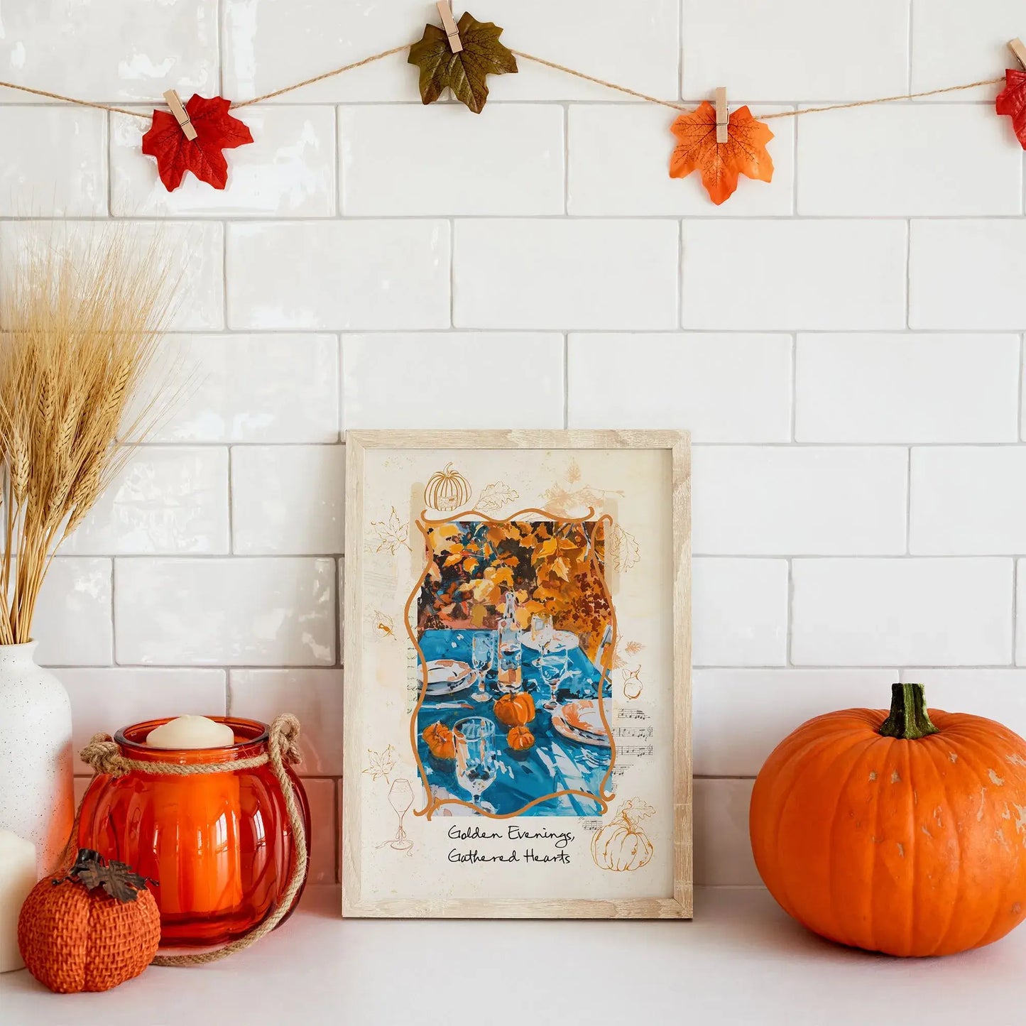 Autumnal wall art Golden Evenings Gathered Hearts poster with pumpkins and fall kitchen decor