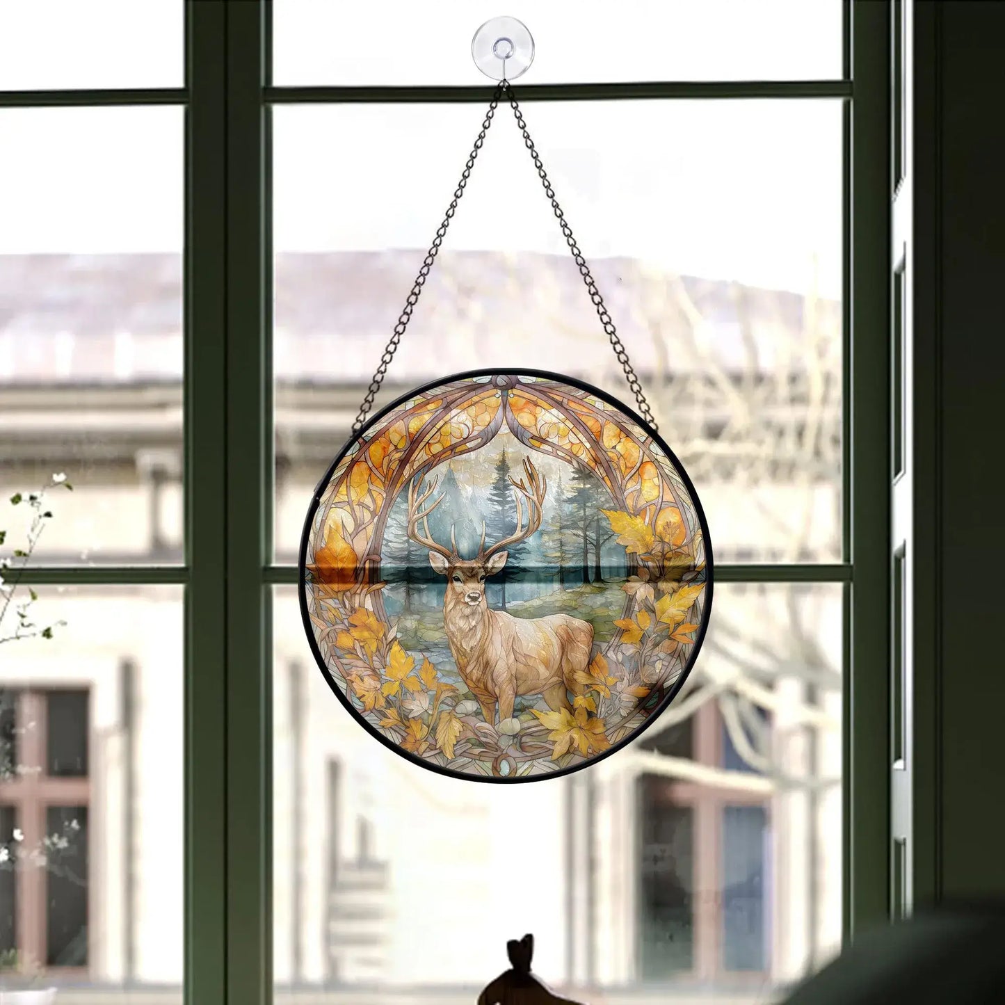 Fall Deer Round Stained Glass Ornament gift from Blue Water Songs haning on window