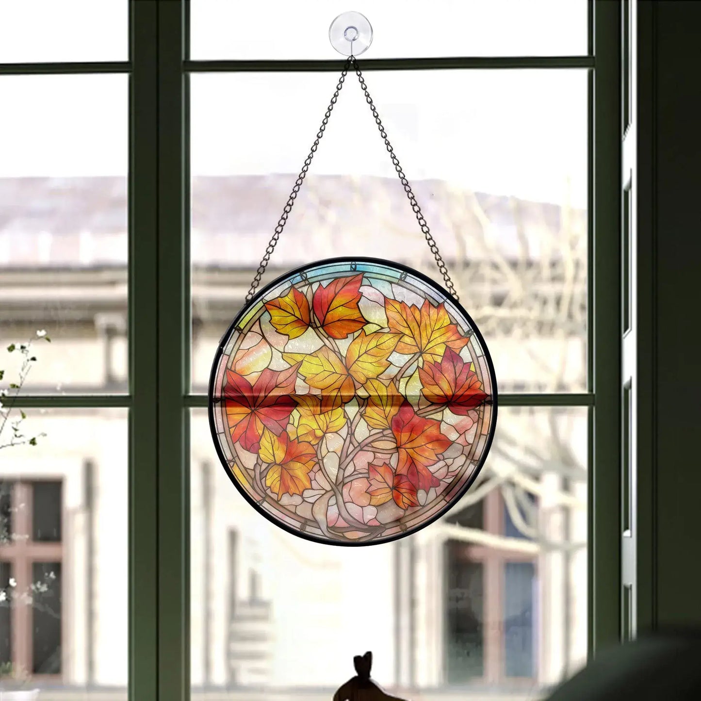 Fall Leaves Round Stained Glass ornament hanging on window