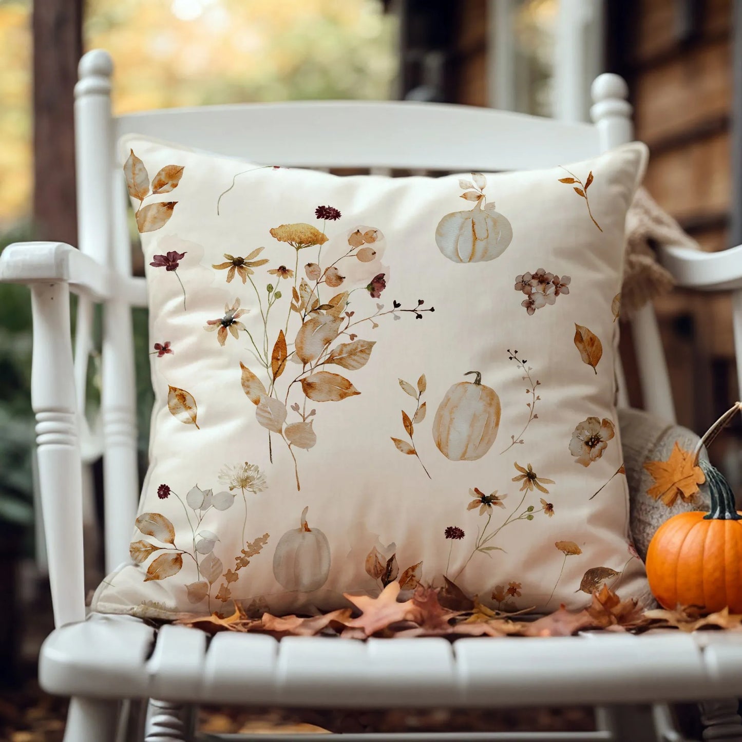 Watercolor Pumpkin Wildflower Pillow