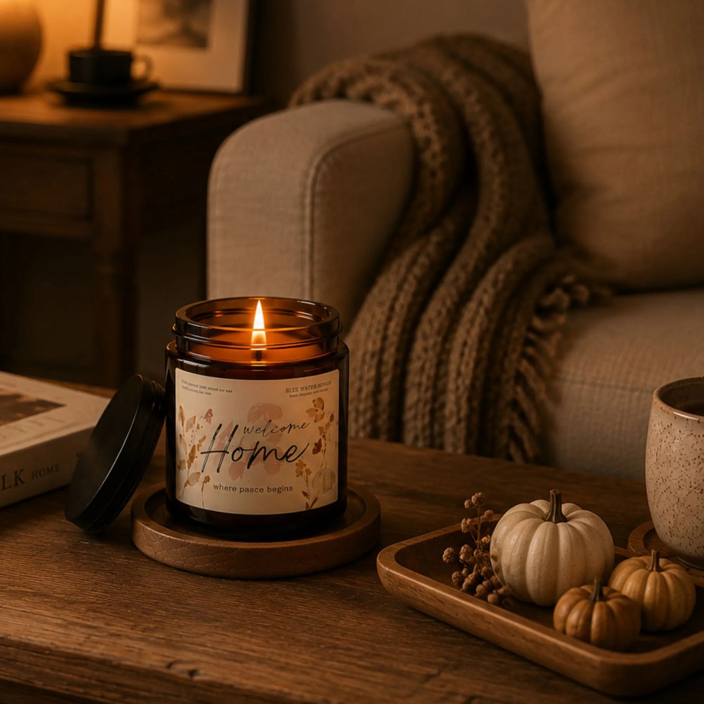 Welcome Home Soy Scented Candle, Soy Candle 4 oz 9 oz, Amber Jar with Black Lid