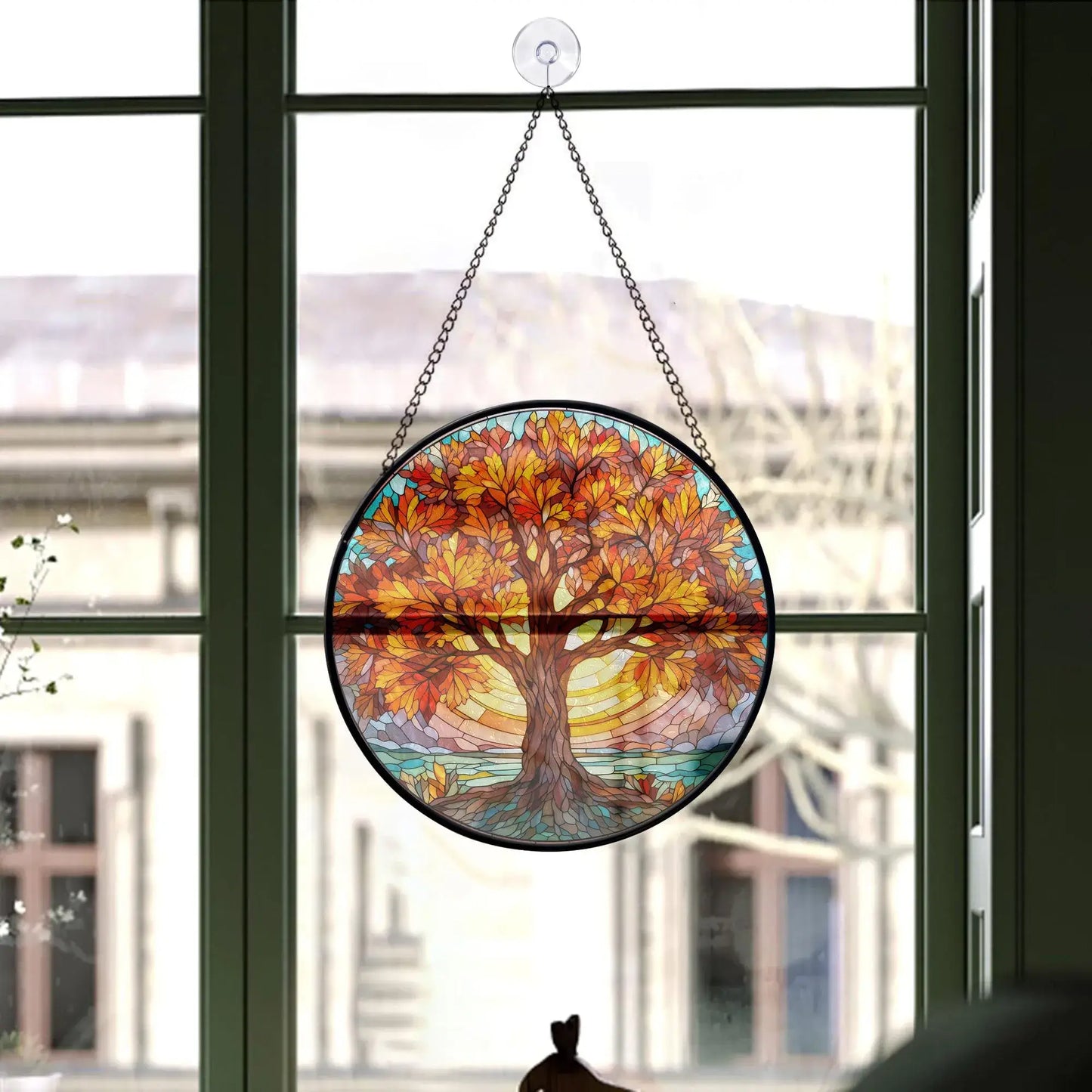 Autumn Tree Round Stained Glass Ornament Hanging on window