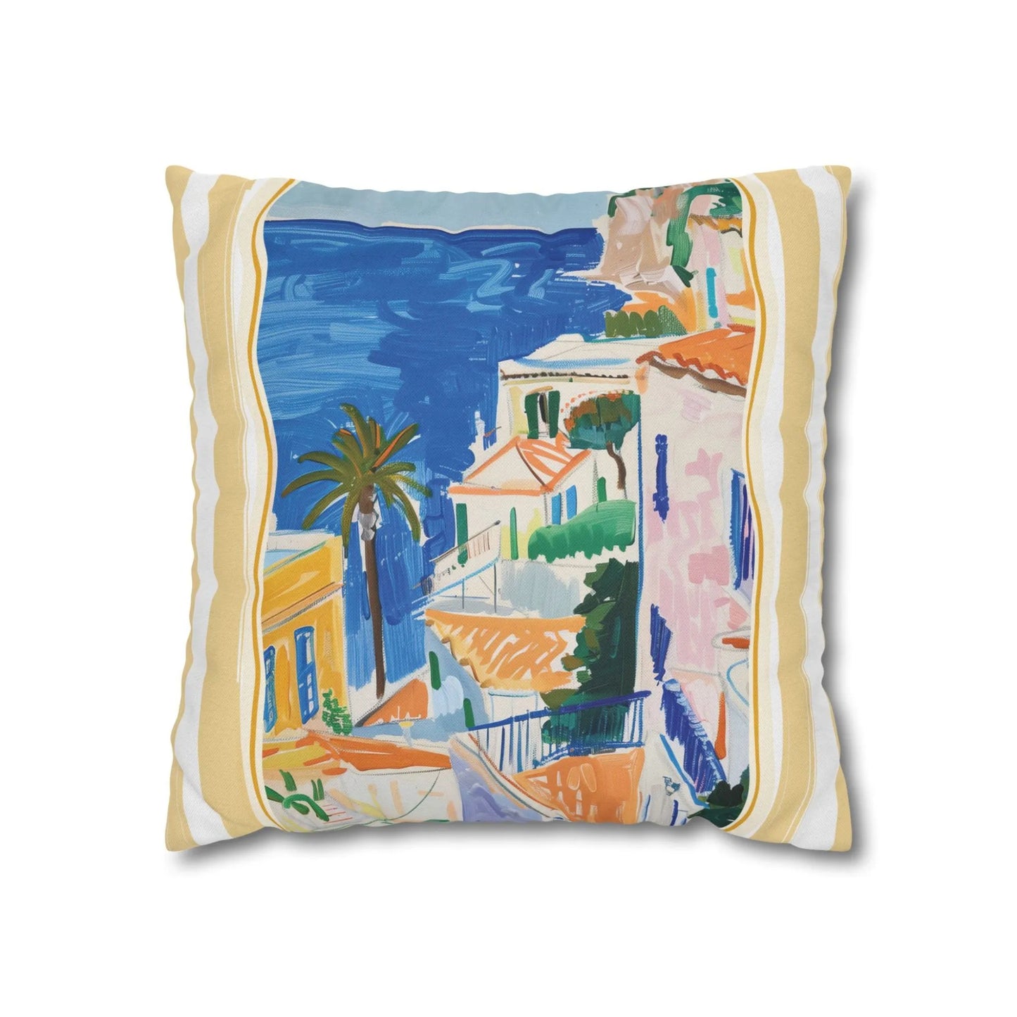 Mediterranean-style pillow with yellow border and painted coastal village and sea view