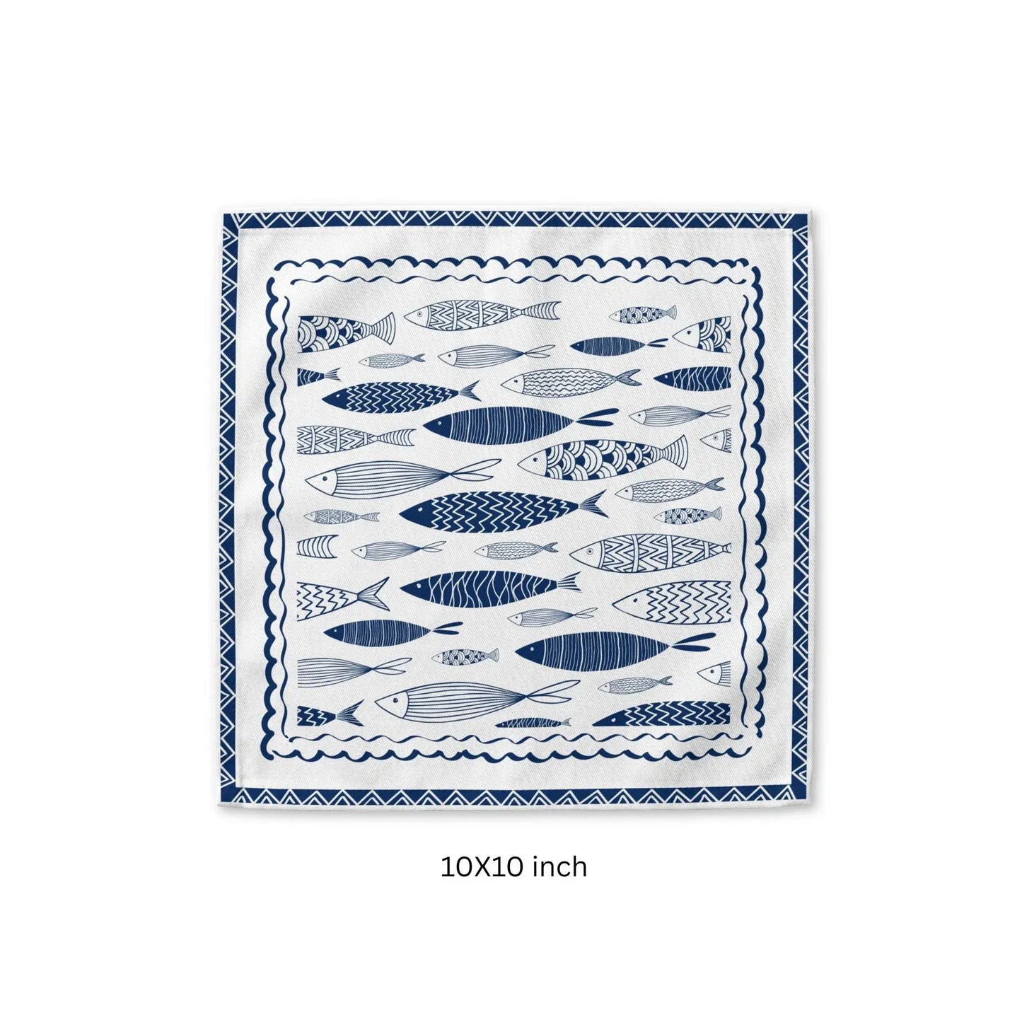 Blue Fish Coastal Cloth Napkins – Nautical Table Linen in 10x10 inch size featuring hand-drawn navy fish illustrations.