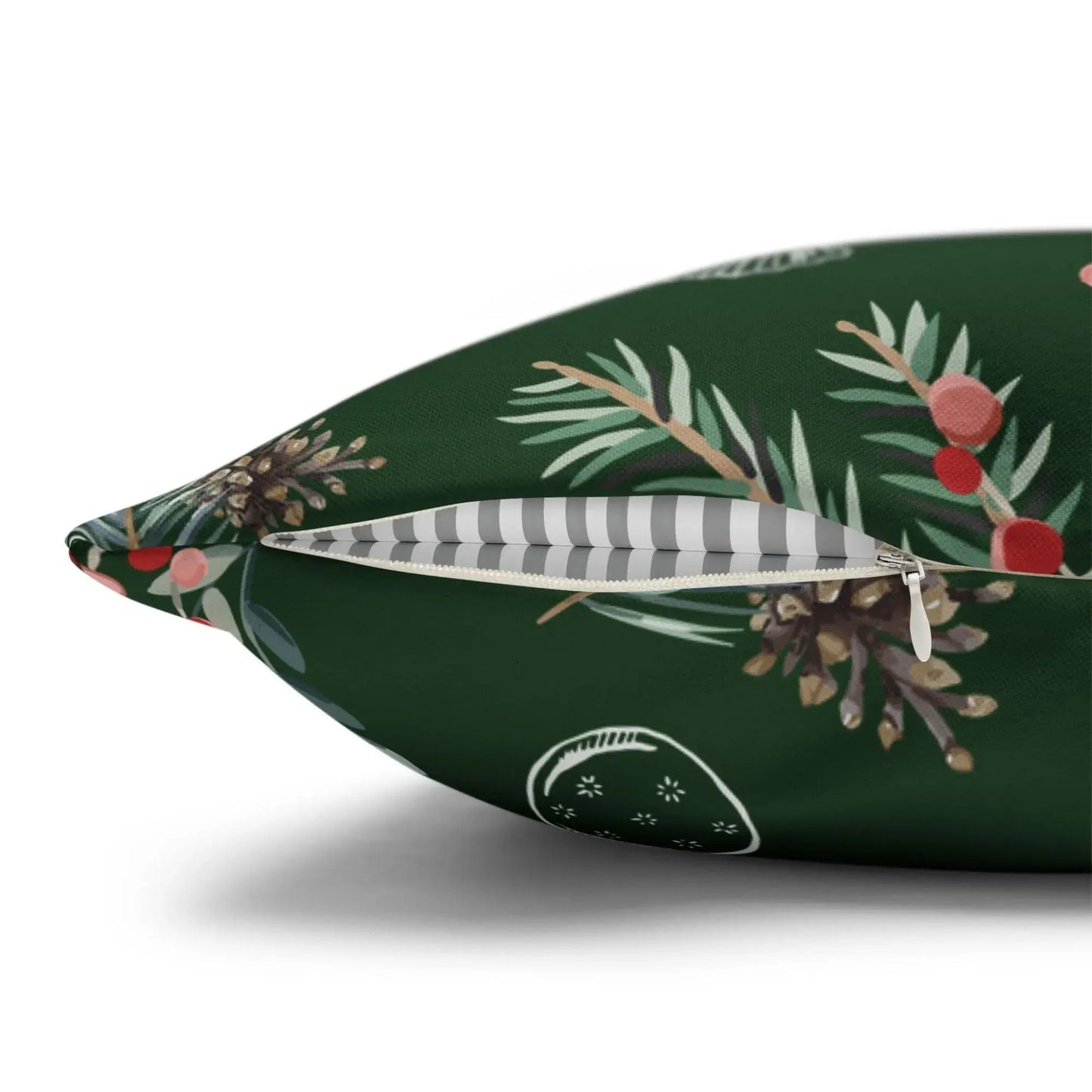 Botanical Christmas pillow cover with pine branches and berries, featuring a zipper and green background for Nordic holiday decor.