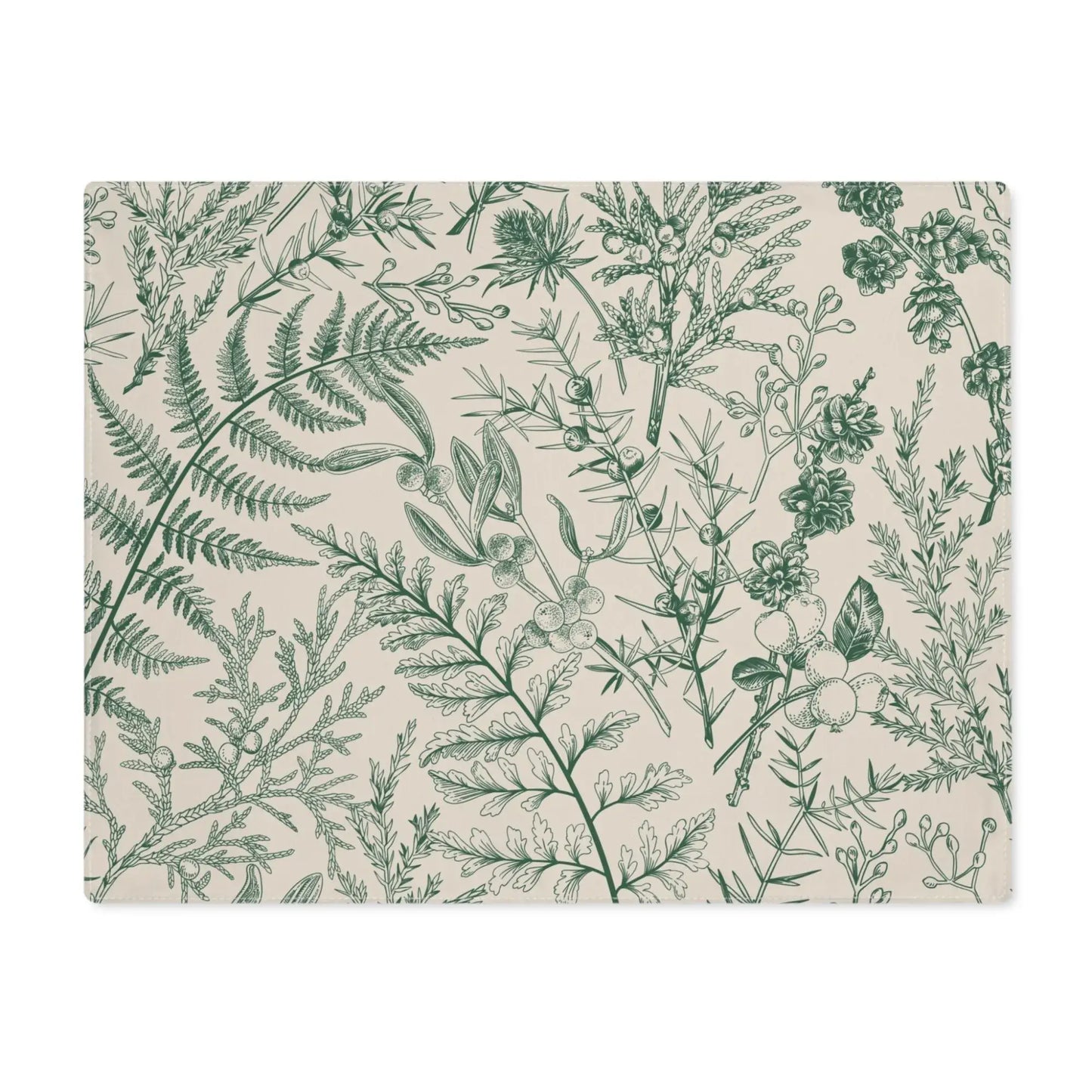 Botanical Christmas placemats featuring intricate greenery and floral designs on a neutral background.