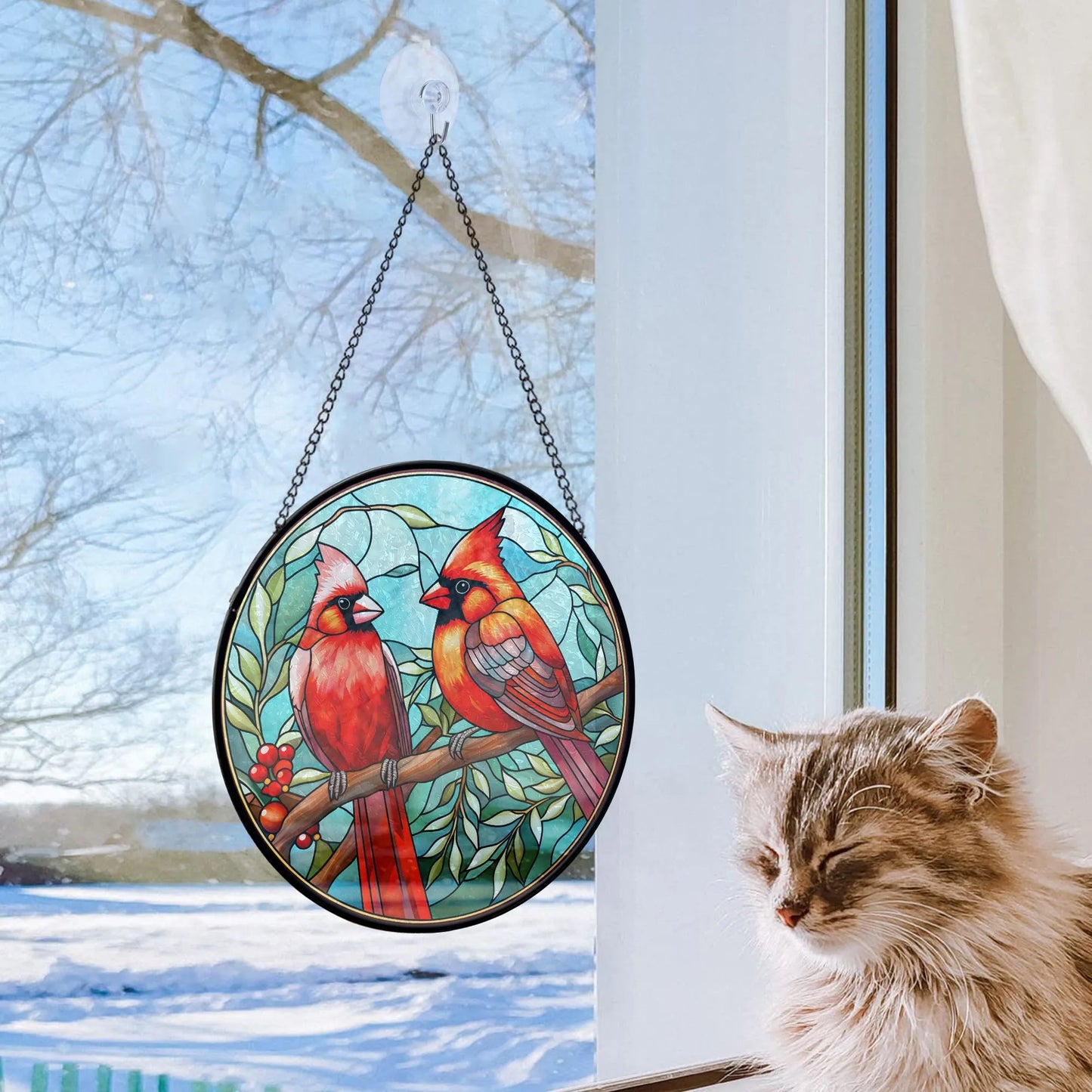 lovely cat laying next to window with glass stained hanging ornament