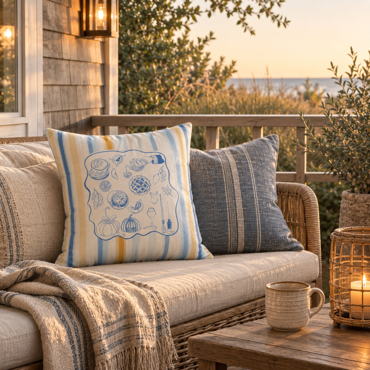 Blue Yellow Coastal Fall Pillow and Cover, Coastal Fall Decor