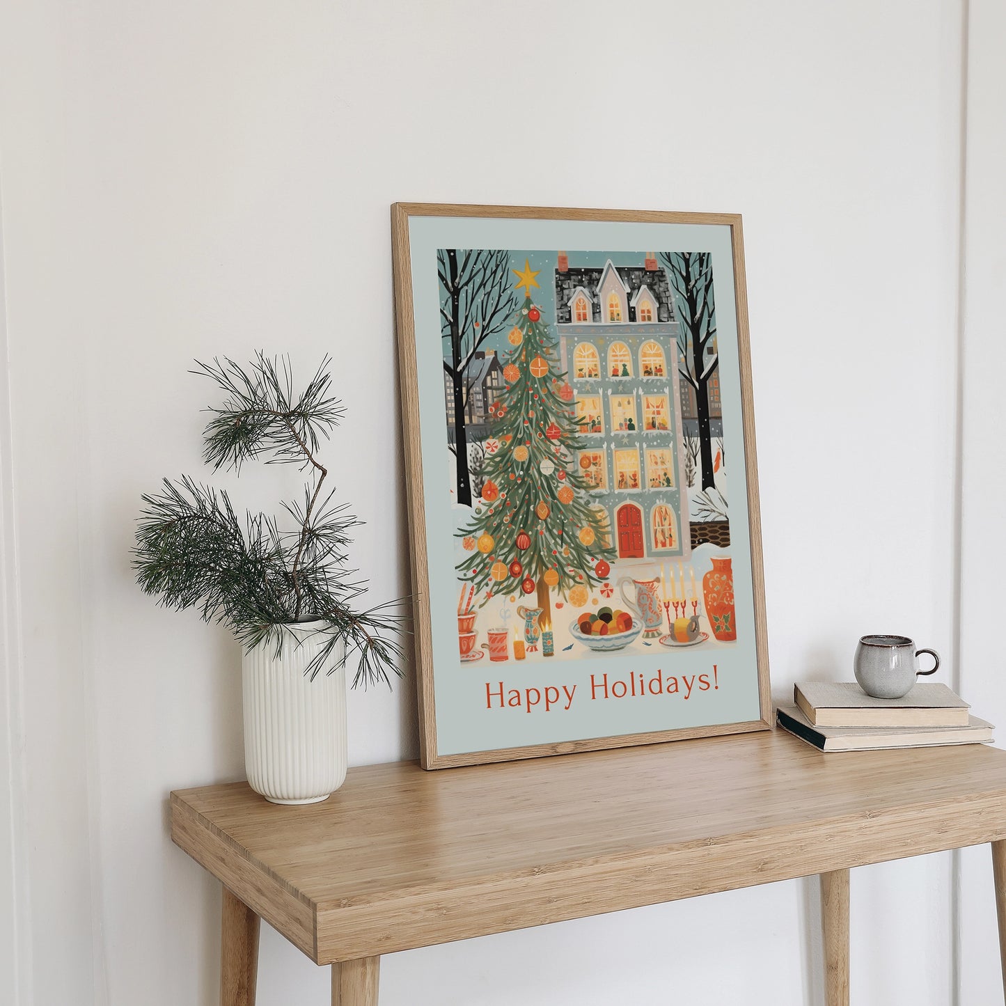 Cozy Christmas Home Print Art featuring a winter house and Christmas tree with the text 'Happy Holidays'