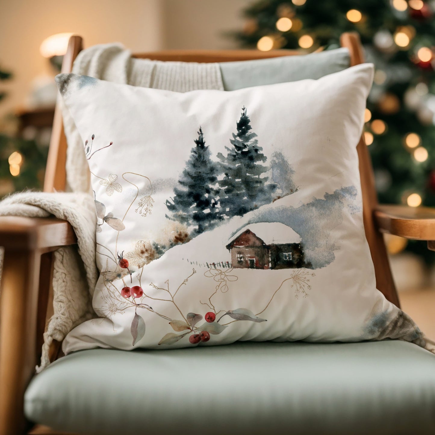 Watercolor winter pillow with snowy cabin on armchair – cozy Christmas living room decor