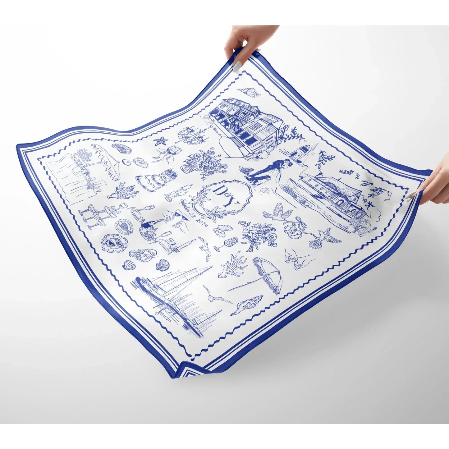 Custom hand-drawn scarf with personalized wedding venue illustration in green tones and reference photo.