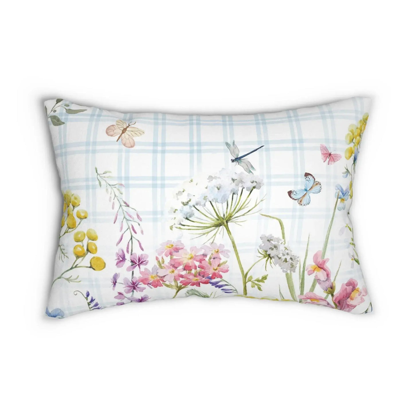 Botanical lumbar pillow with wildflowers and butterflies on pastel plaid — fresh spring decor for garden-inspired spaces.
