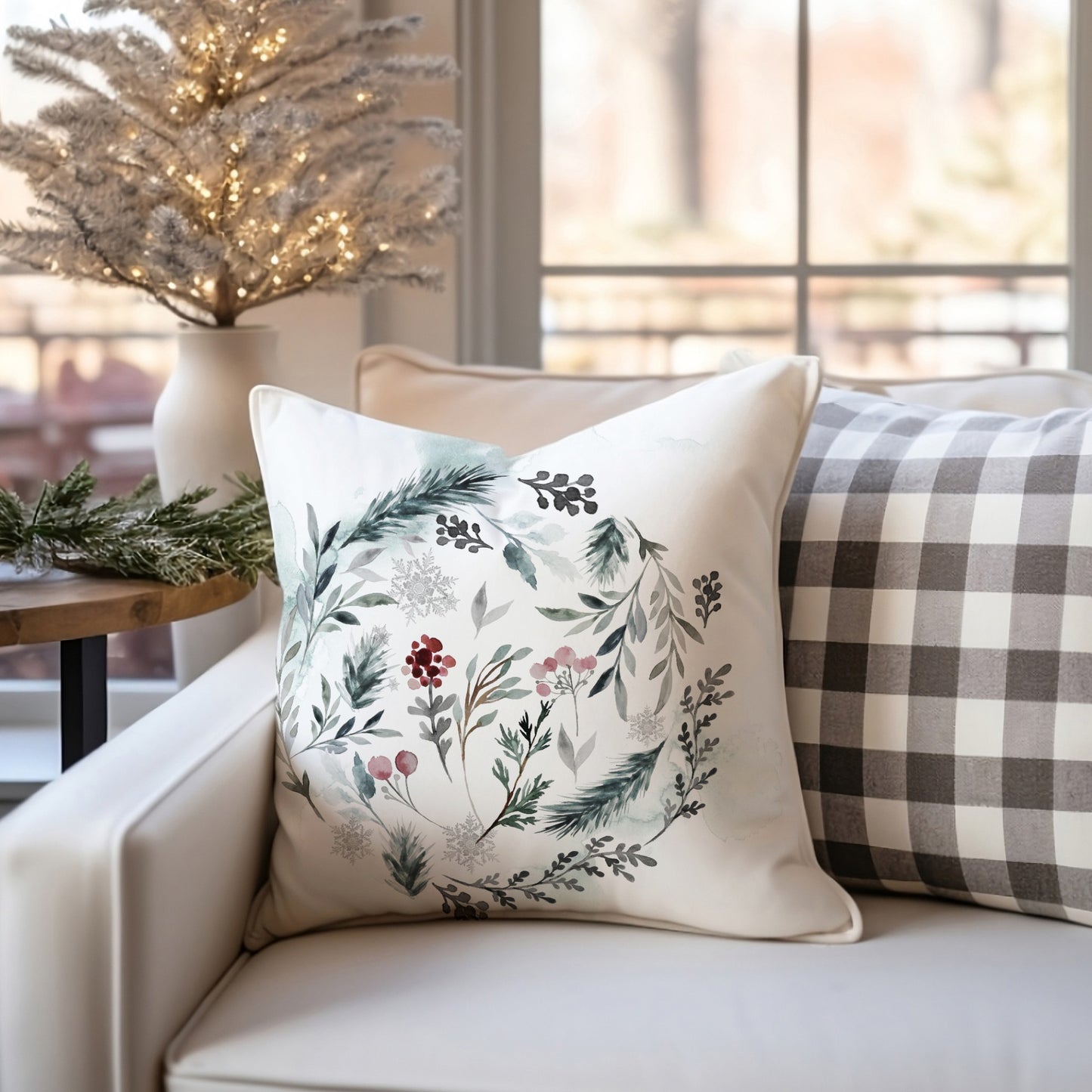 Winter botanical pillow with watercolor wreath on cream sofa – cozy seasonal home decor
