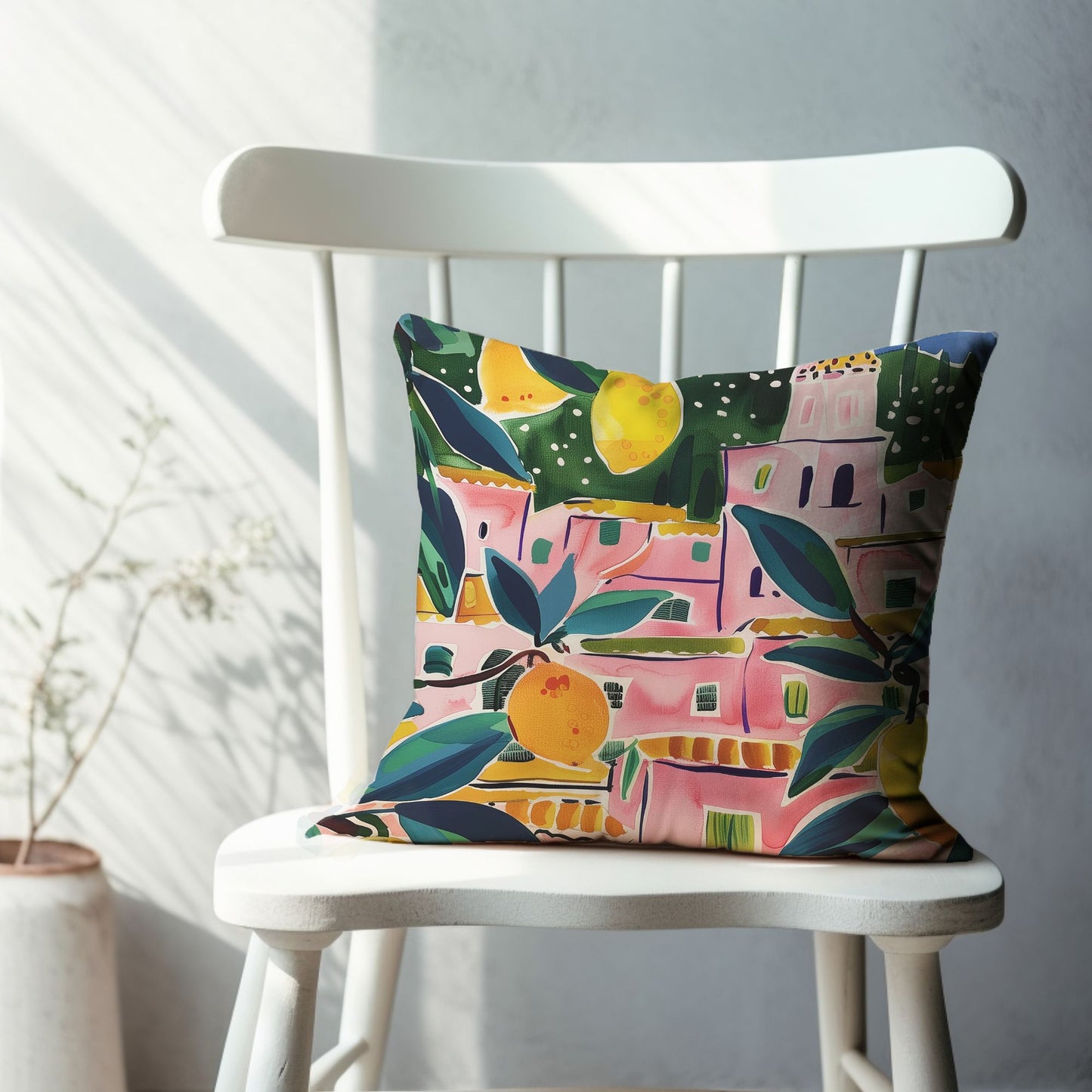 white chair with eclectic colorful chair on it