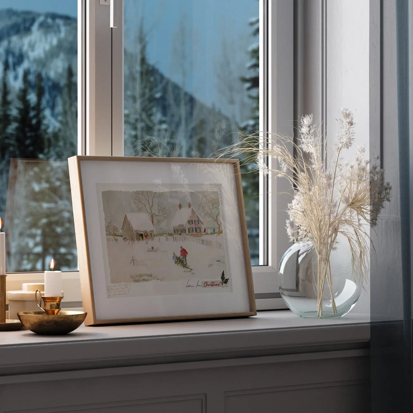 Home Love Christmas digital download artwork displayed in a window setting, showcasing a serene winter scene.
