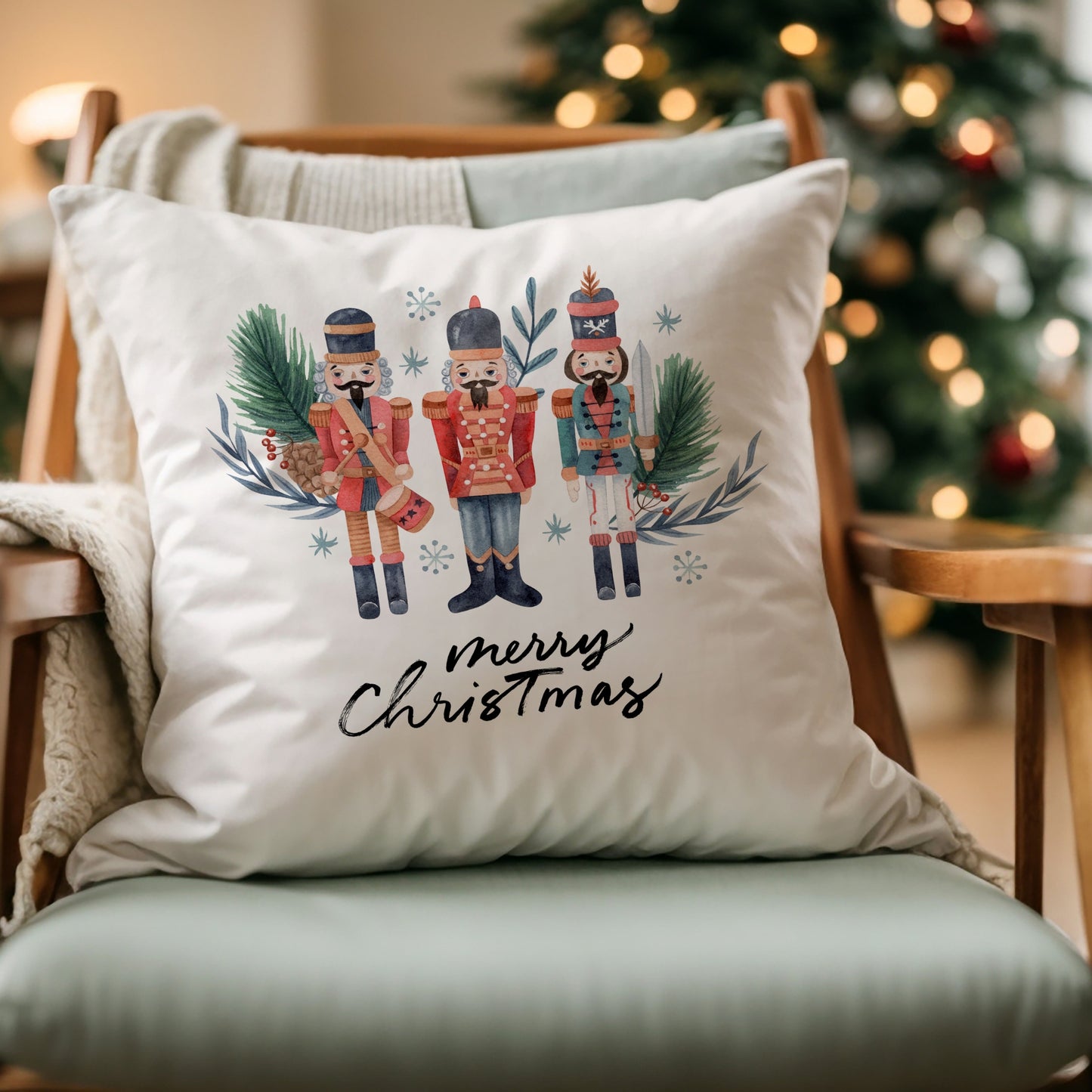 Nutcracker Christmas pillow on cozy chair with blanket and tree lights – watercolor holiday decor scene