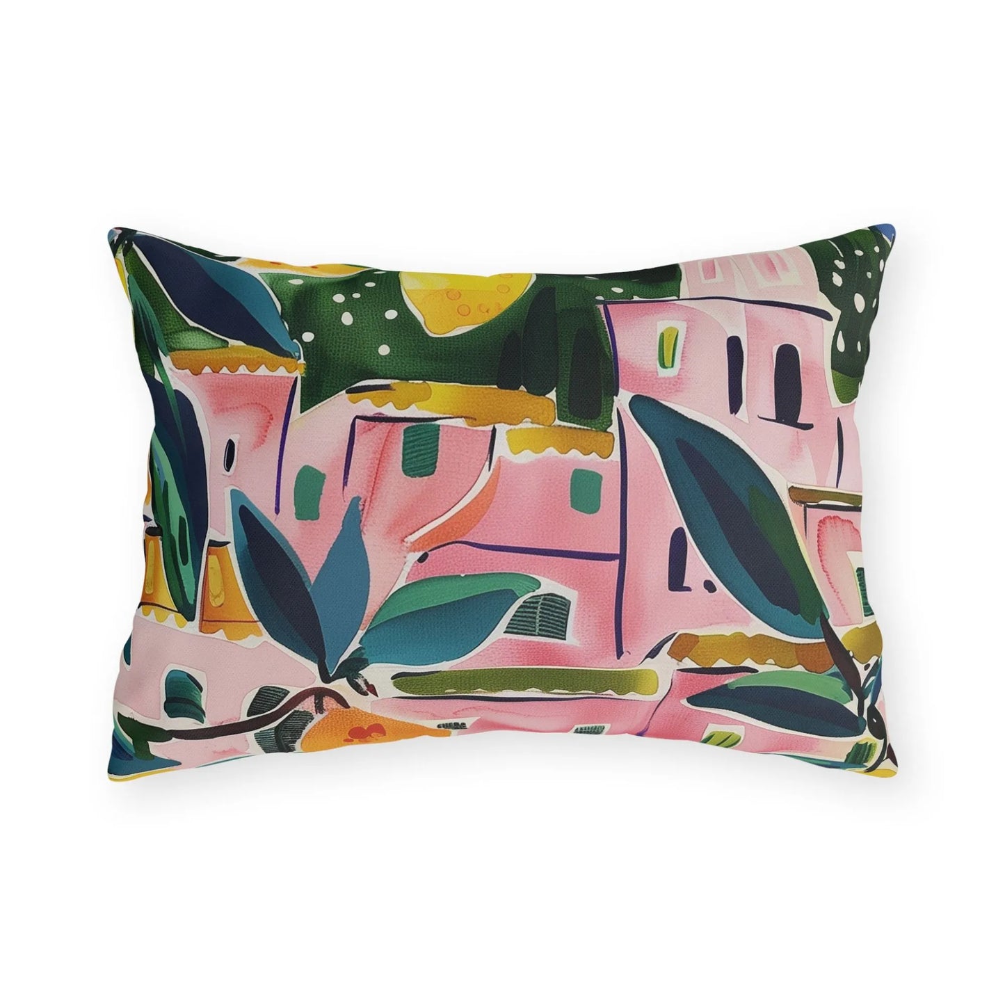 Lumbar pillow with Pink Village Lemons print – Mediterranean citrus design on a pink background for vibrant outdoor or summer decor.