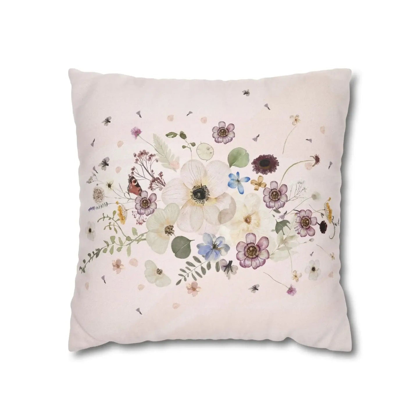 Pressed Flowers spring PILLOW with watercolor anemones and delicate blooms on a soft background.