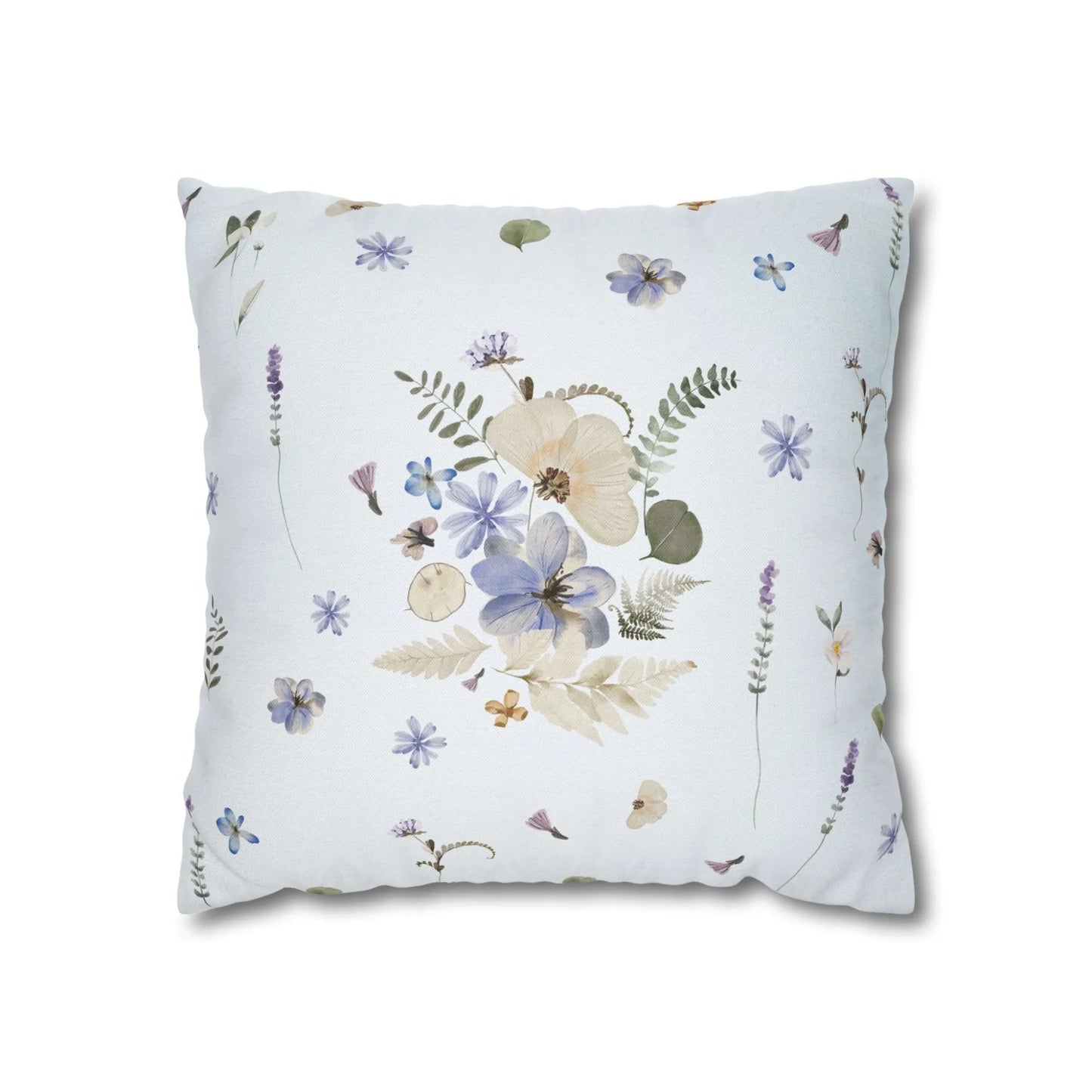 Watercolor Pressed Flowers Pillow on a white background, Blue Water Songs brand. Light floral design with lavender, blue, and green tones.