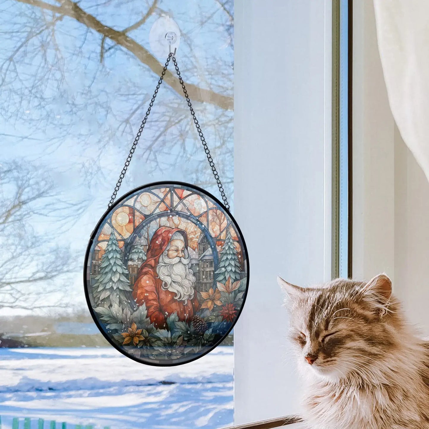 Santa Claus Stained Glass Ornament hanging in the window with a cat, showcasing a festive holiday scene.
