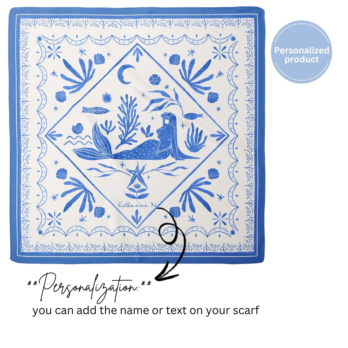 Mediterranean Silk Scarf Sirena Azzurra – full square view in blue and white with mermaid and coral details