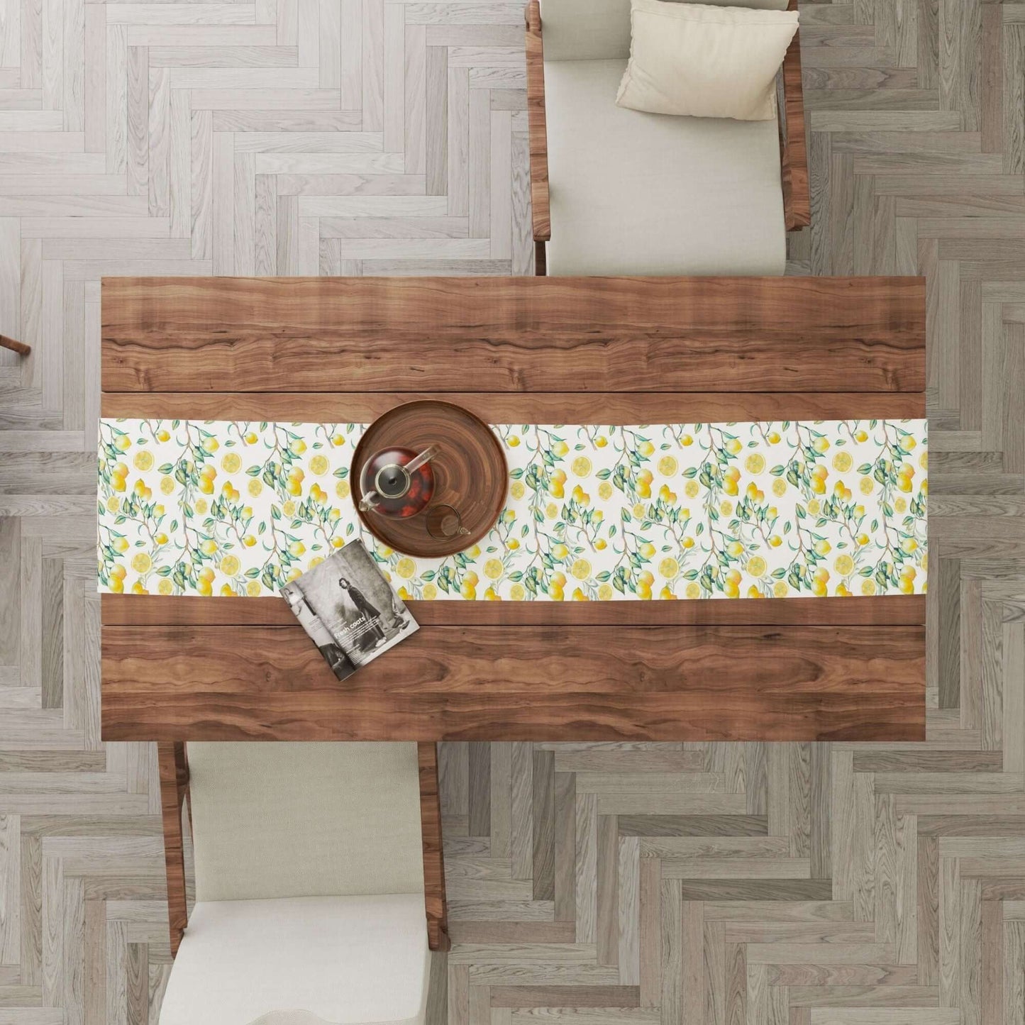 Summer Lemon TABLE RUNNER beautifully set on a wooden table, surrounded by chairs, showcasing watercolor lemon design.