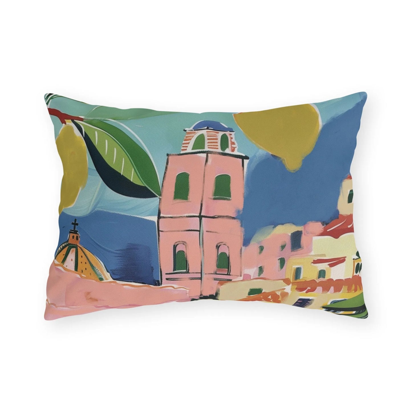 Rectangular outdoor pillow featuring lemon branches and colorful coastal buildings in Mediterranean style