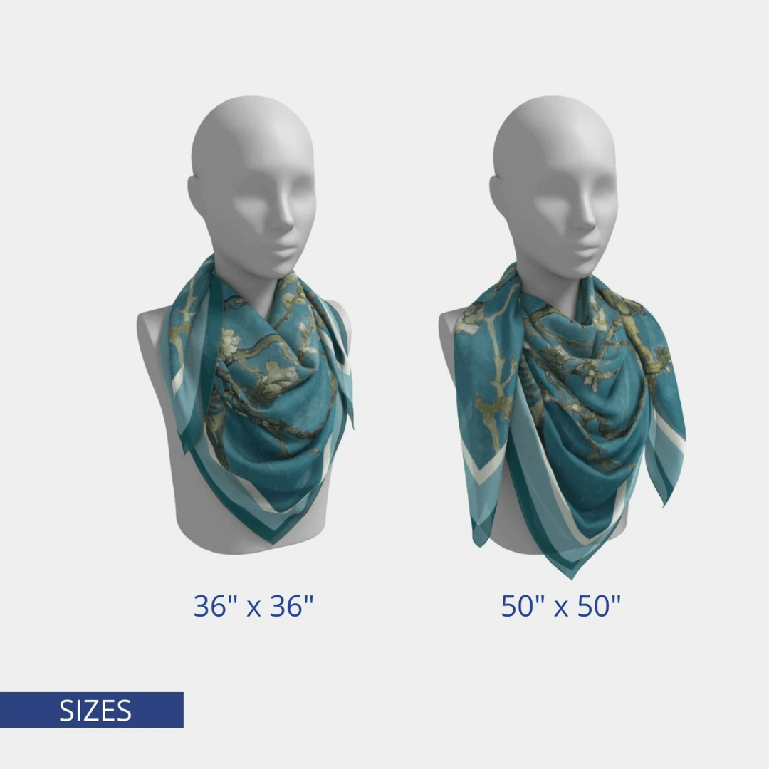 Van Gogh Scarf Almond Blossom shown in two sizes: 36" x 36" and 50" x 50" on mannequin display.