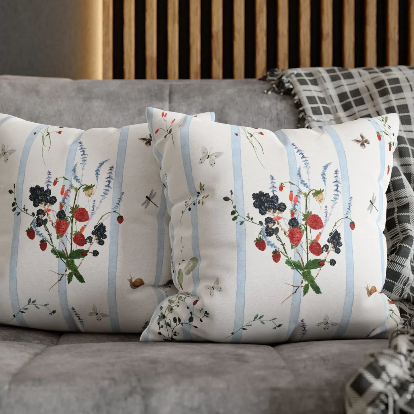 Watercolor Berry Botanical Pillow design with watercolor strawberries and blackberries on soft blue stripes.