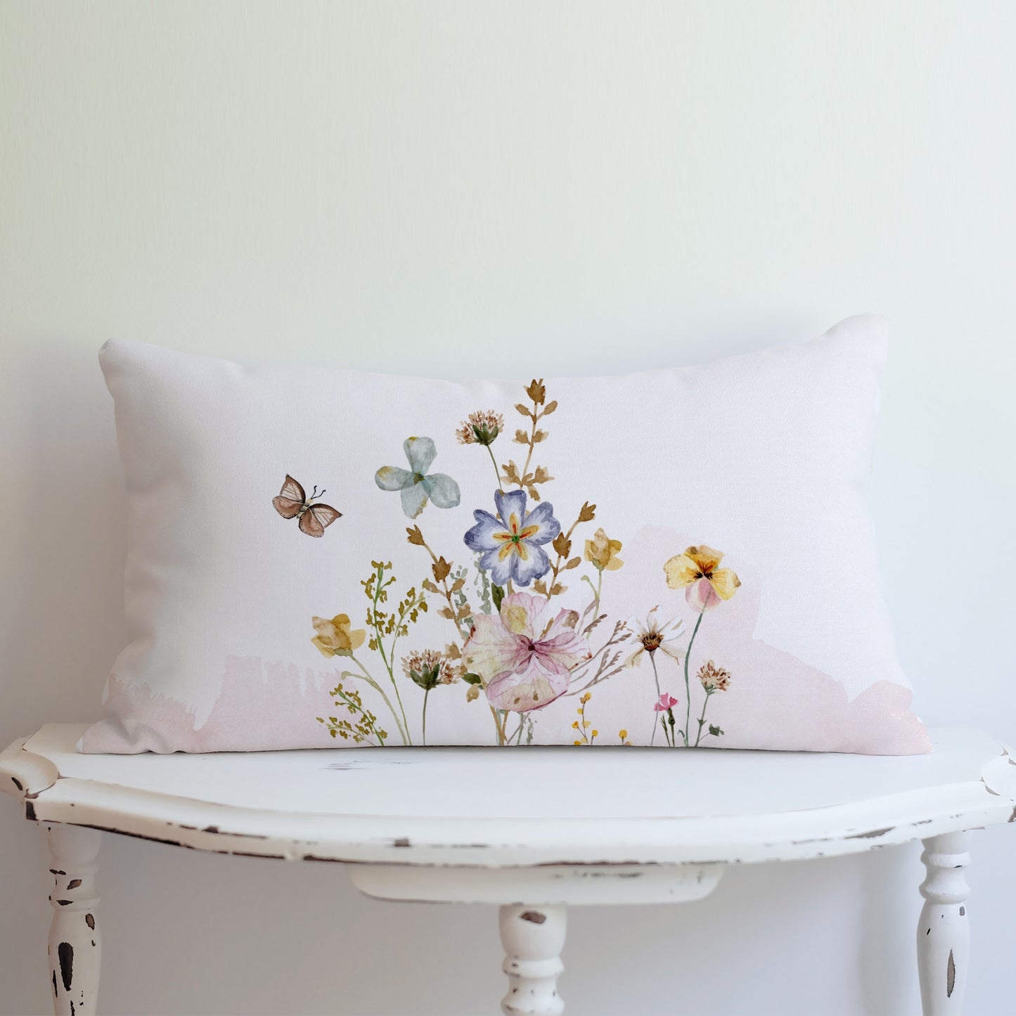 Watercolor Pink Wildflowers lumbar PILLOW from Blue Water Songs on white vintage table