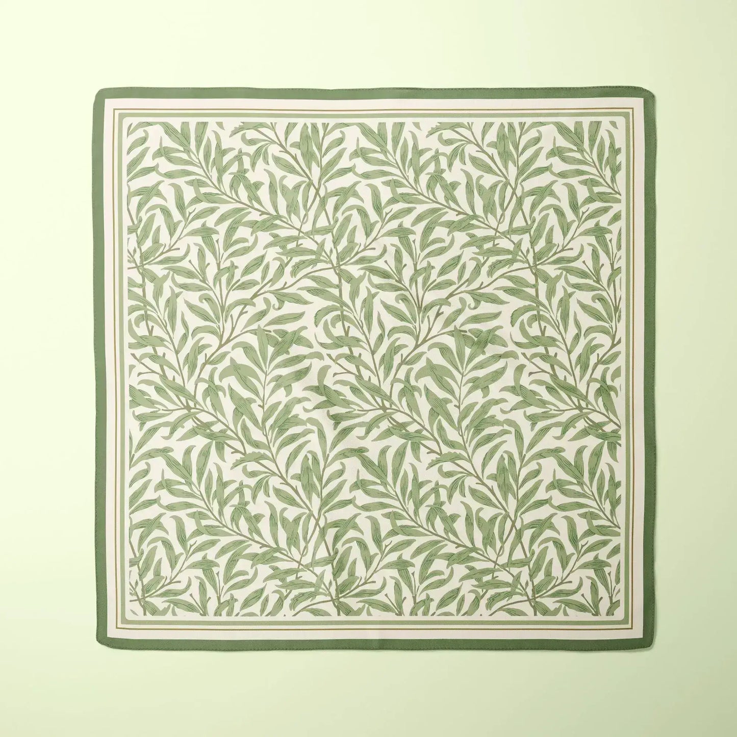 William Morris Silk Scarf Blue Willow Boughs featuring botanical patterns in soft green hues.