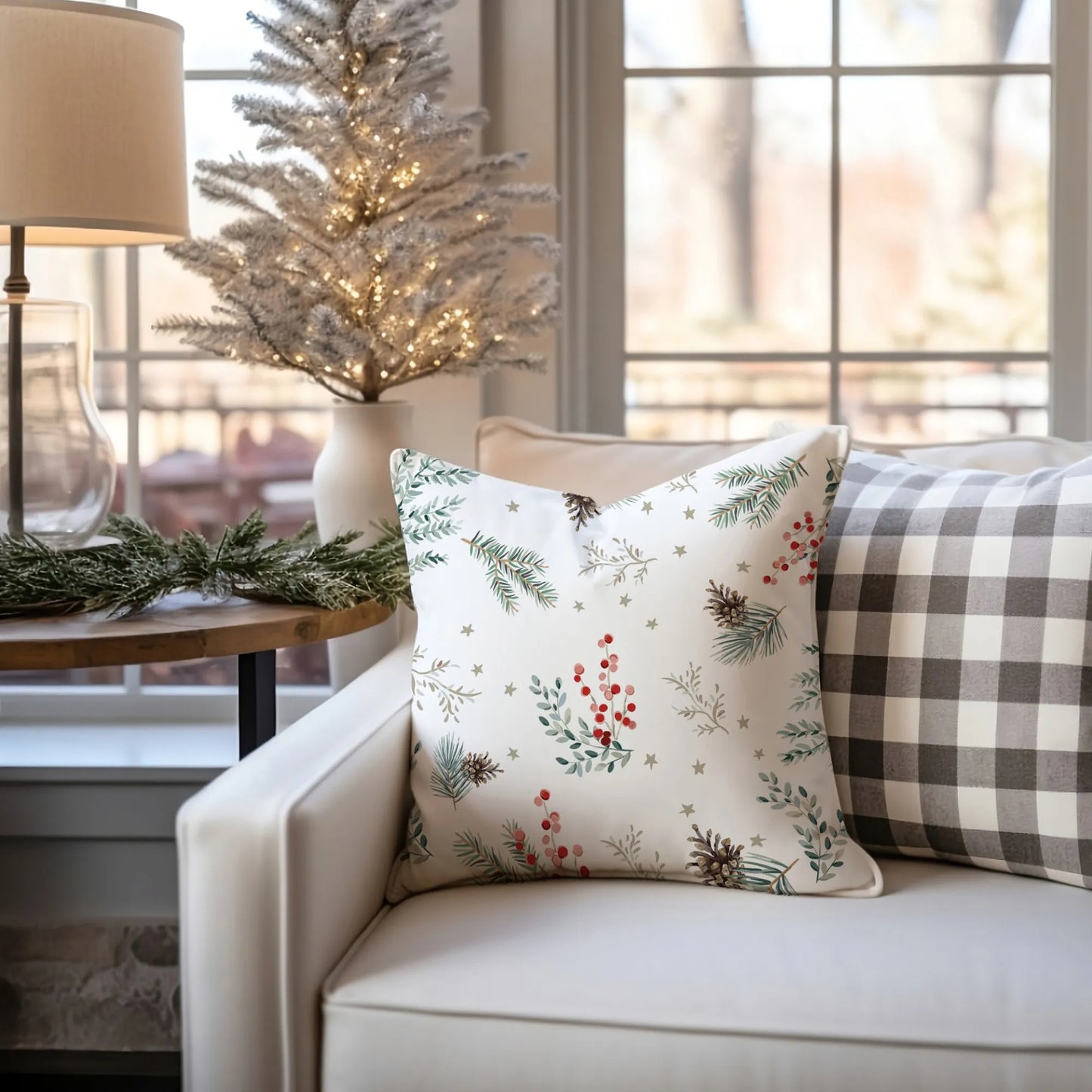 elegant living room decoration with Merry Holiday Christmas Wreath PILLOW from Blue Water Songs