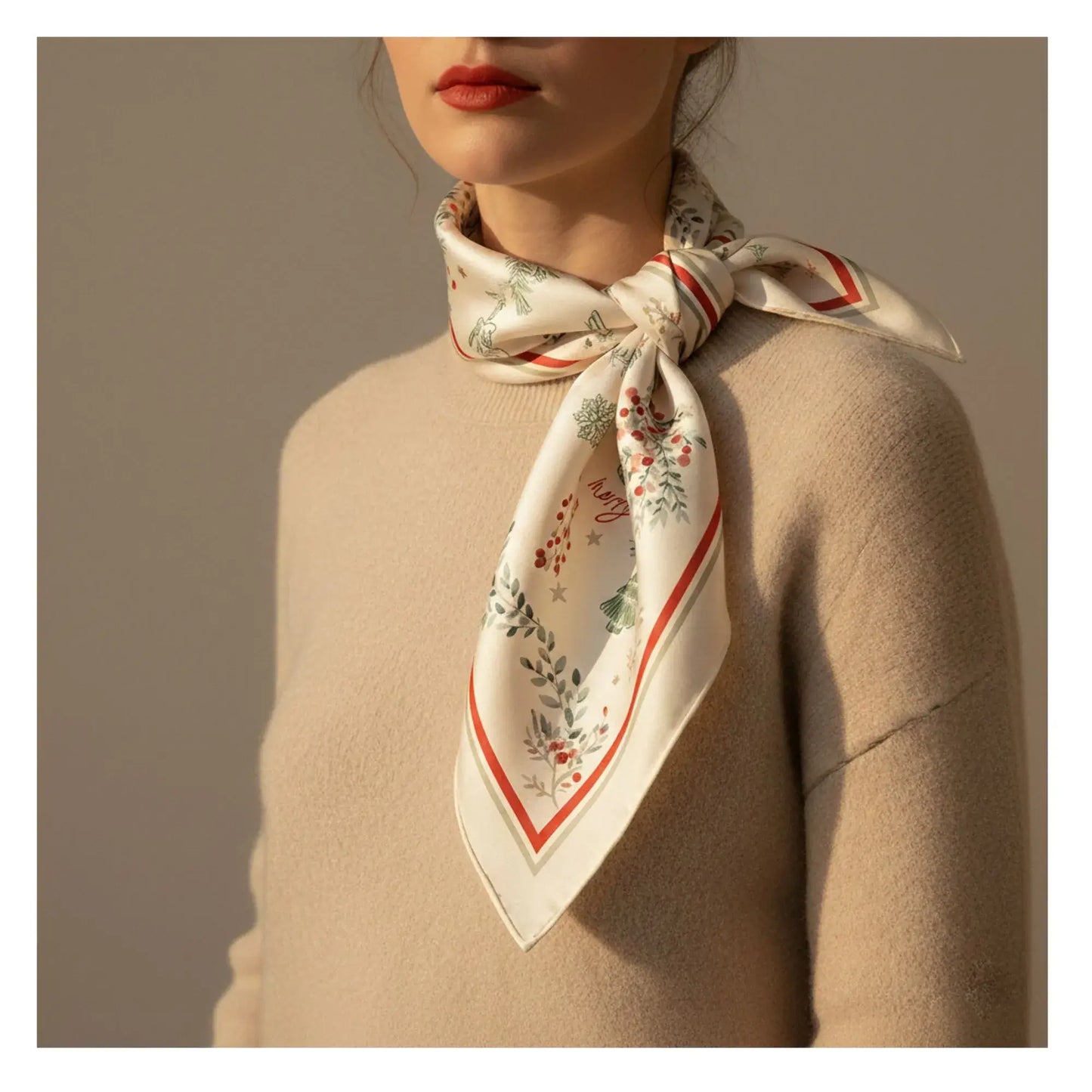 Winter Botanical Scarf featuring hand-drawn pine branches and holly, styled elegantly around the neck.