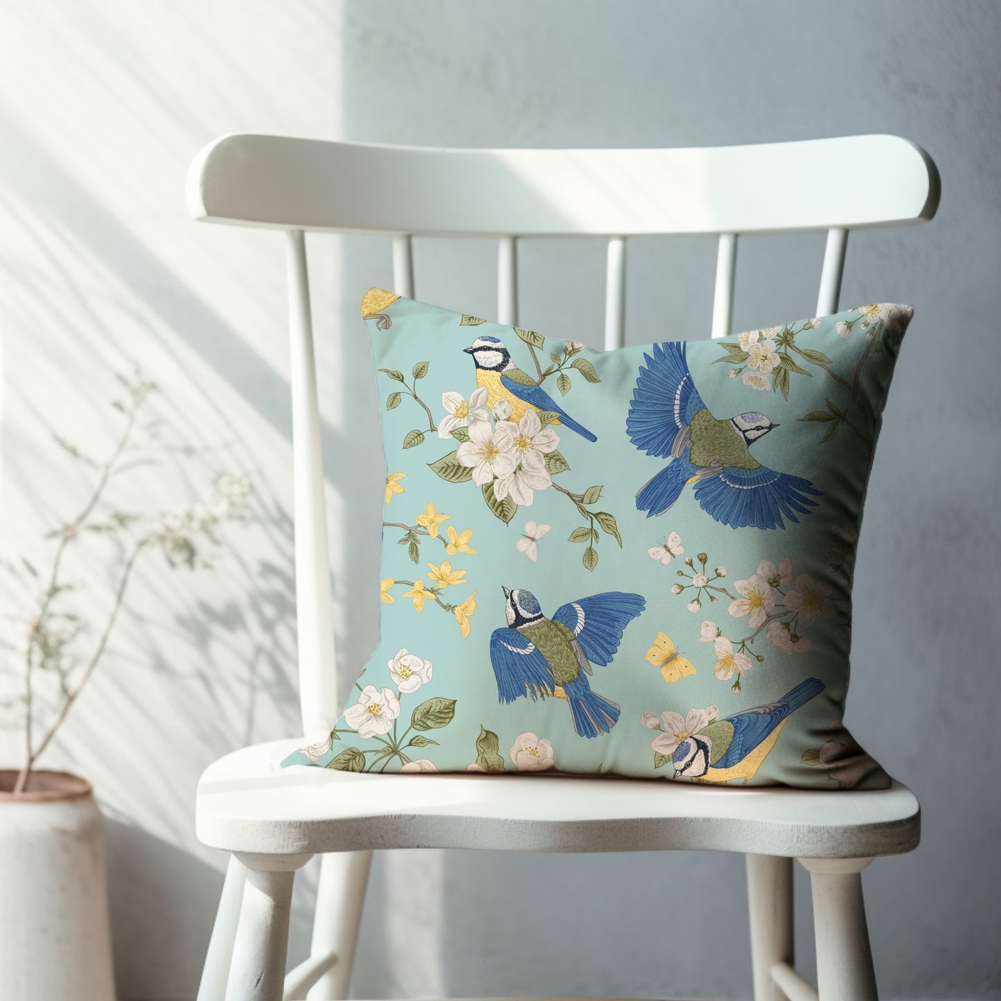 a white chair with a blue pillow on top of it