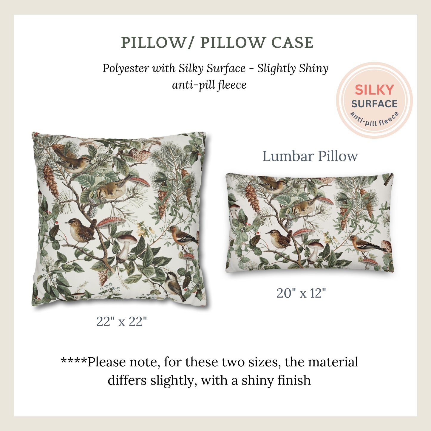 a pillow case with birds and leaves on it