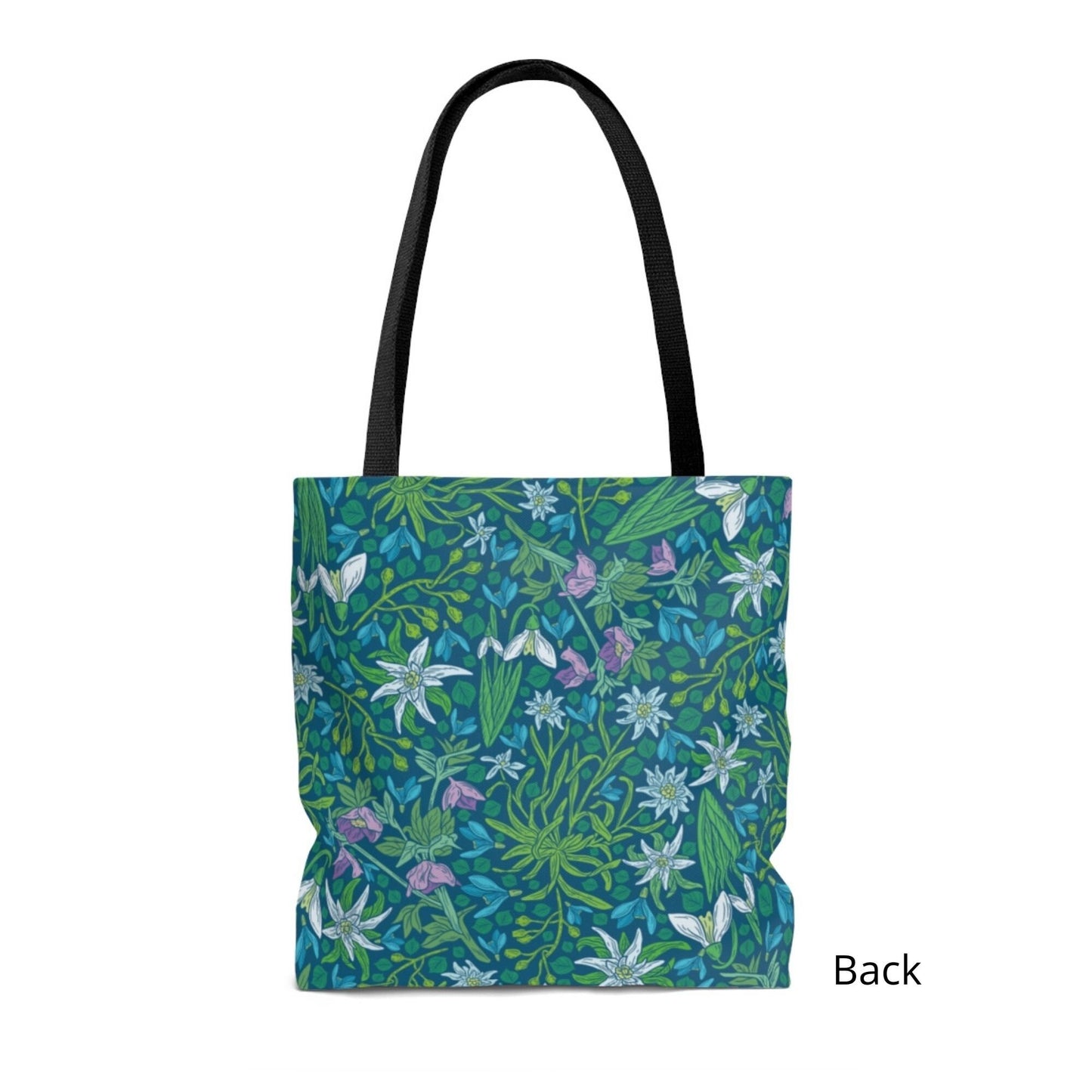 back side of Vintage Snowdrop Floral Tote Bag from Blue Water Songs